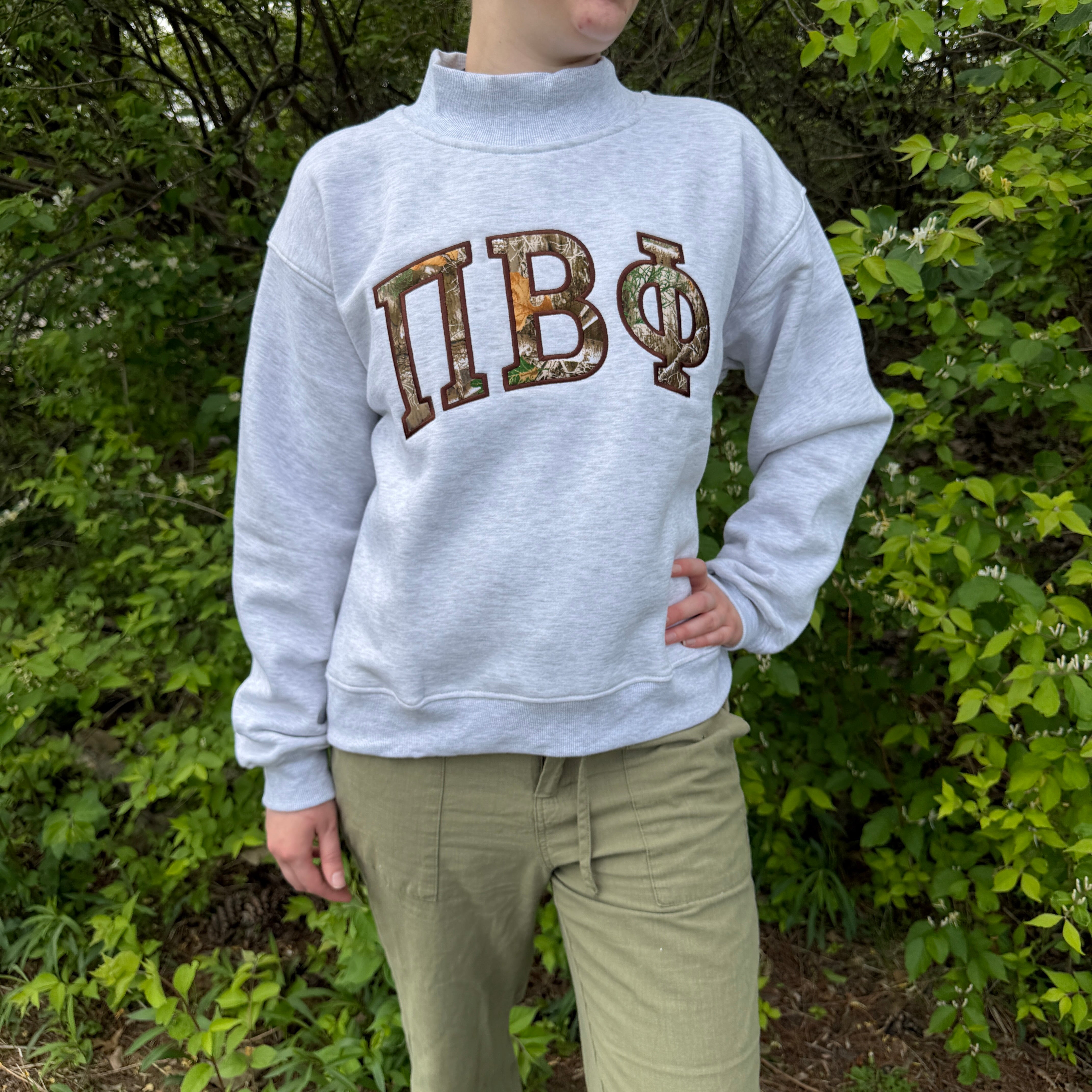 Camo Applique Sorority Mock Neck, Custom Greek Letters, Embroidered Mock Neck Ash Sweatshirt