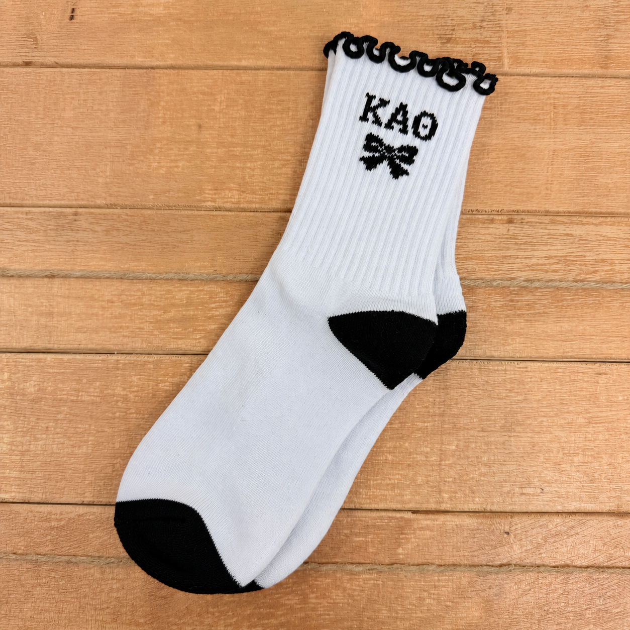 Kappa Alpha Theta Coquette Bow Ruffle Crew Socks, Frilly White and Black Sorority Socks