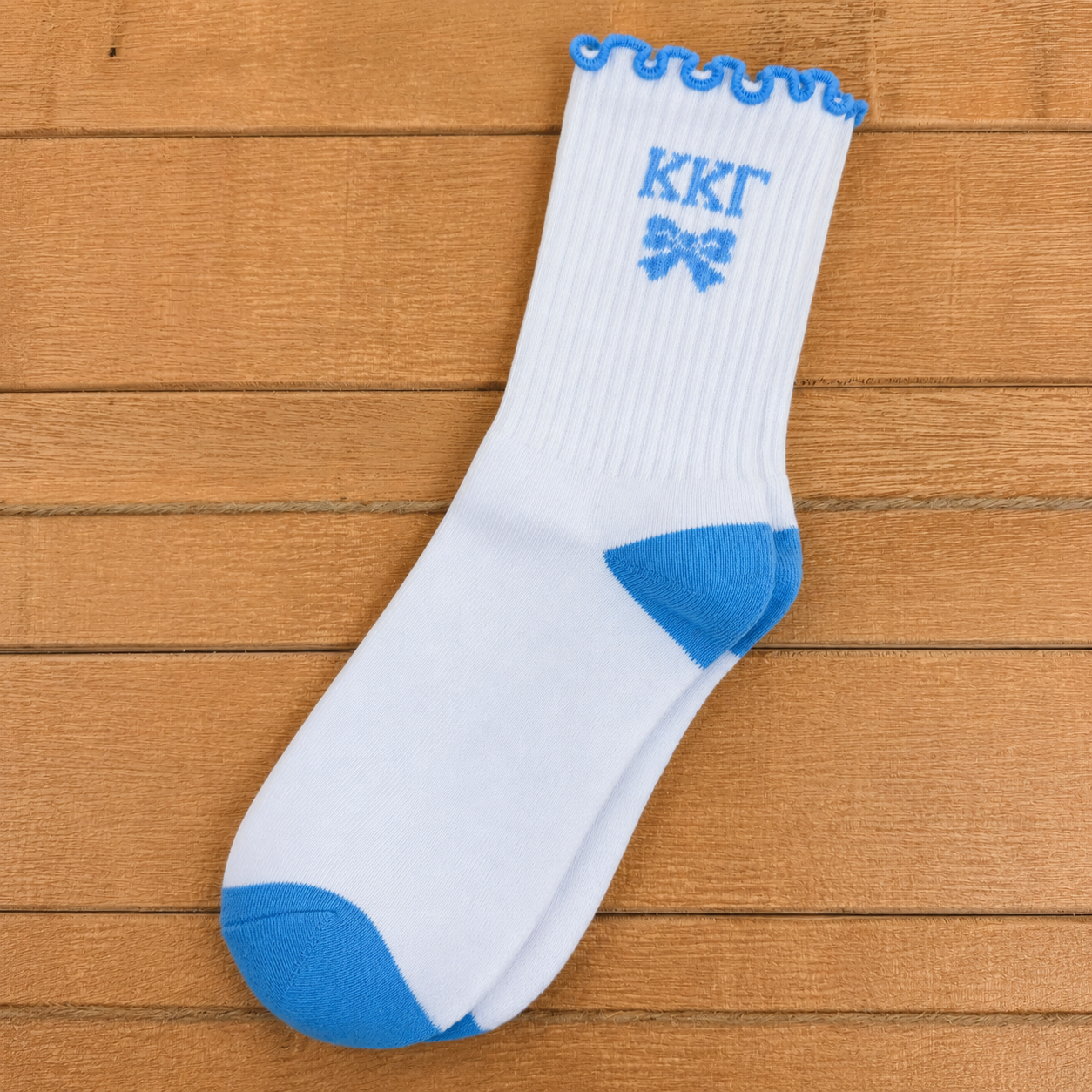 Kappa Kappa Gamma Coquette Bow Ruffle Crew Socks, Frilly White and Light Blue Sorority Socks