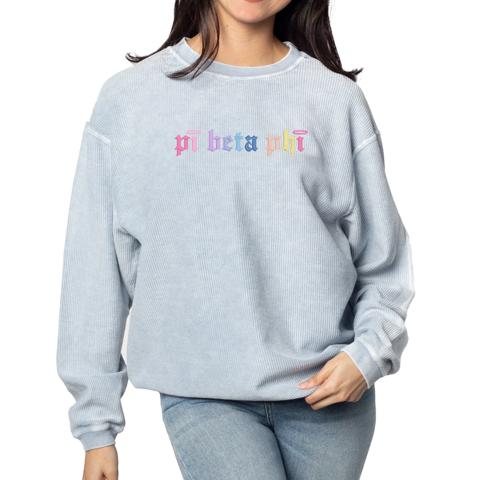 Pi Beta Phi Embroidered Corded Crewneck Sweatshirt, Angel Design - Multiple Colors