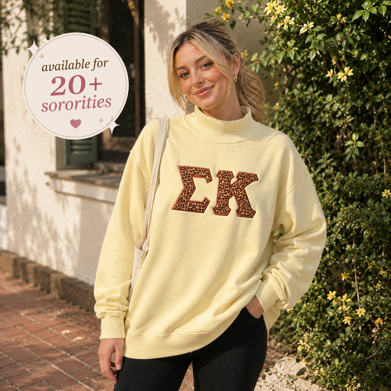 Custom Sorority Embroidered Butter Leopard Applique Mock Neck
