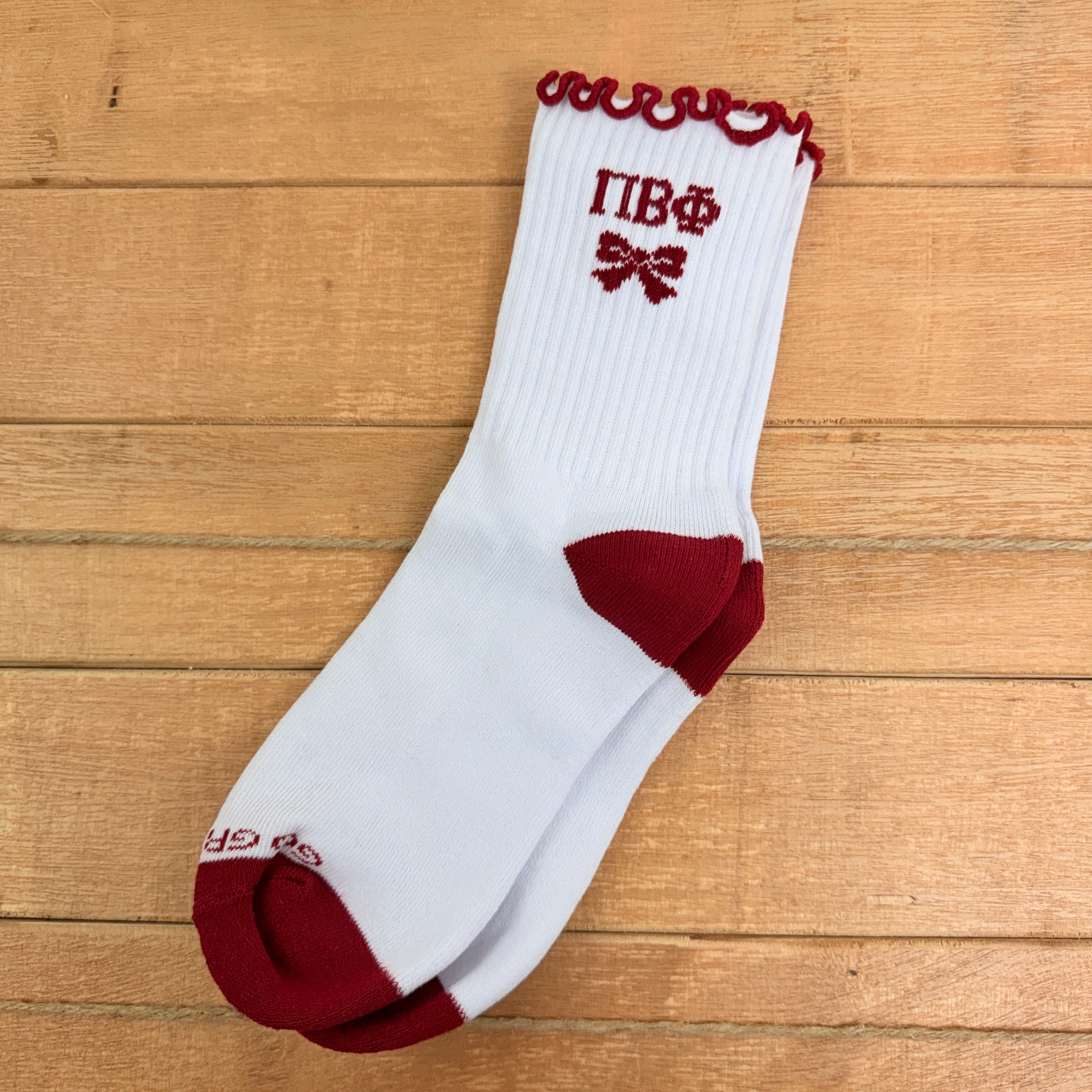 Pi Beta Phi Coquette Bow Ruffle Crew Socks, Frilly White and Maroon Sorority Socks