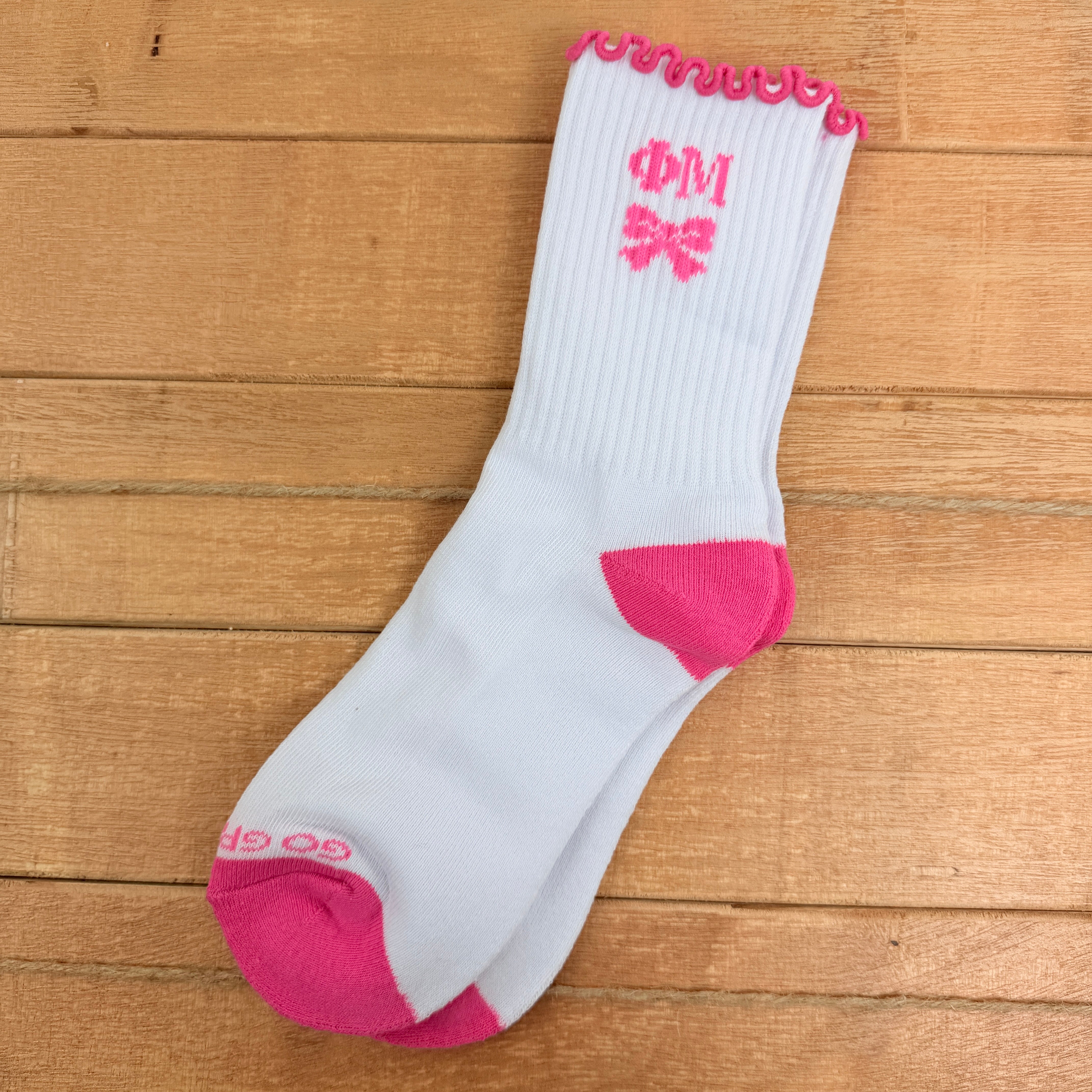 Phi Mu Coquette Bow Ruffle Crew Socks, Frilly White and Pink Sorority Socks