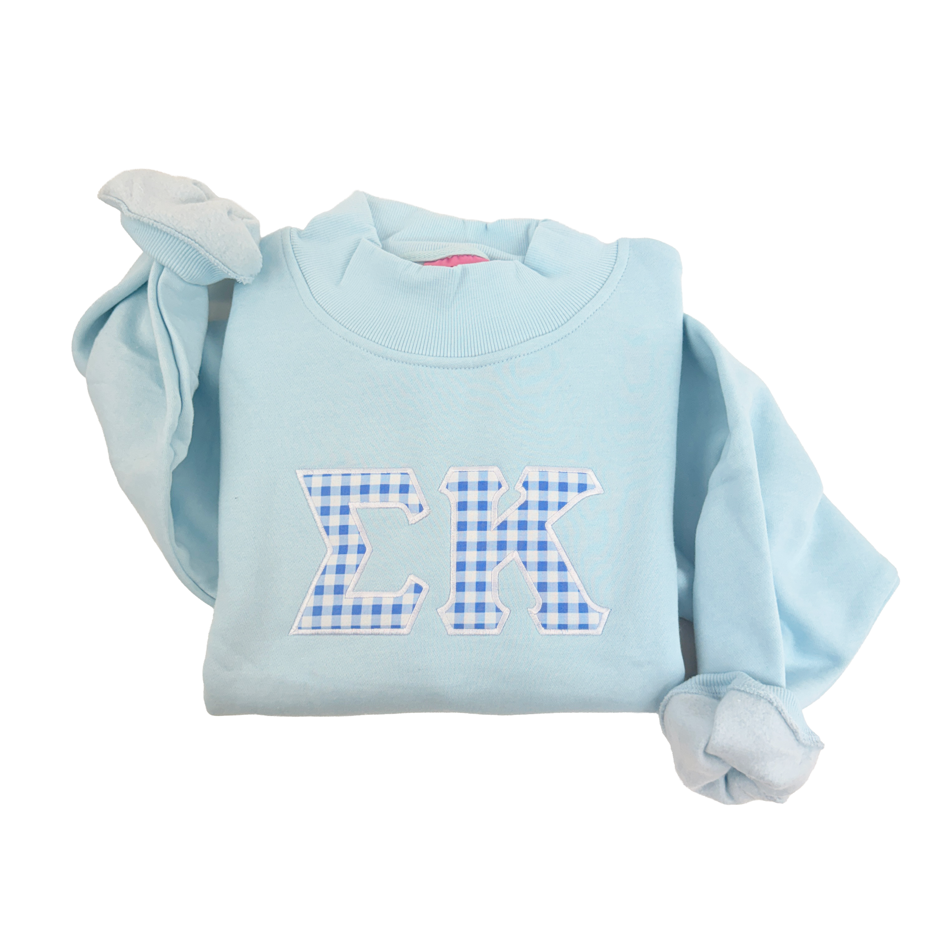 Custom Sorority Embroidered Light Blue Gingham Applique Mock Neck