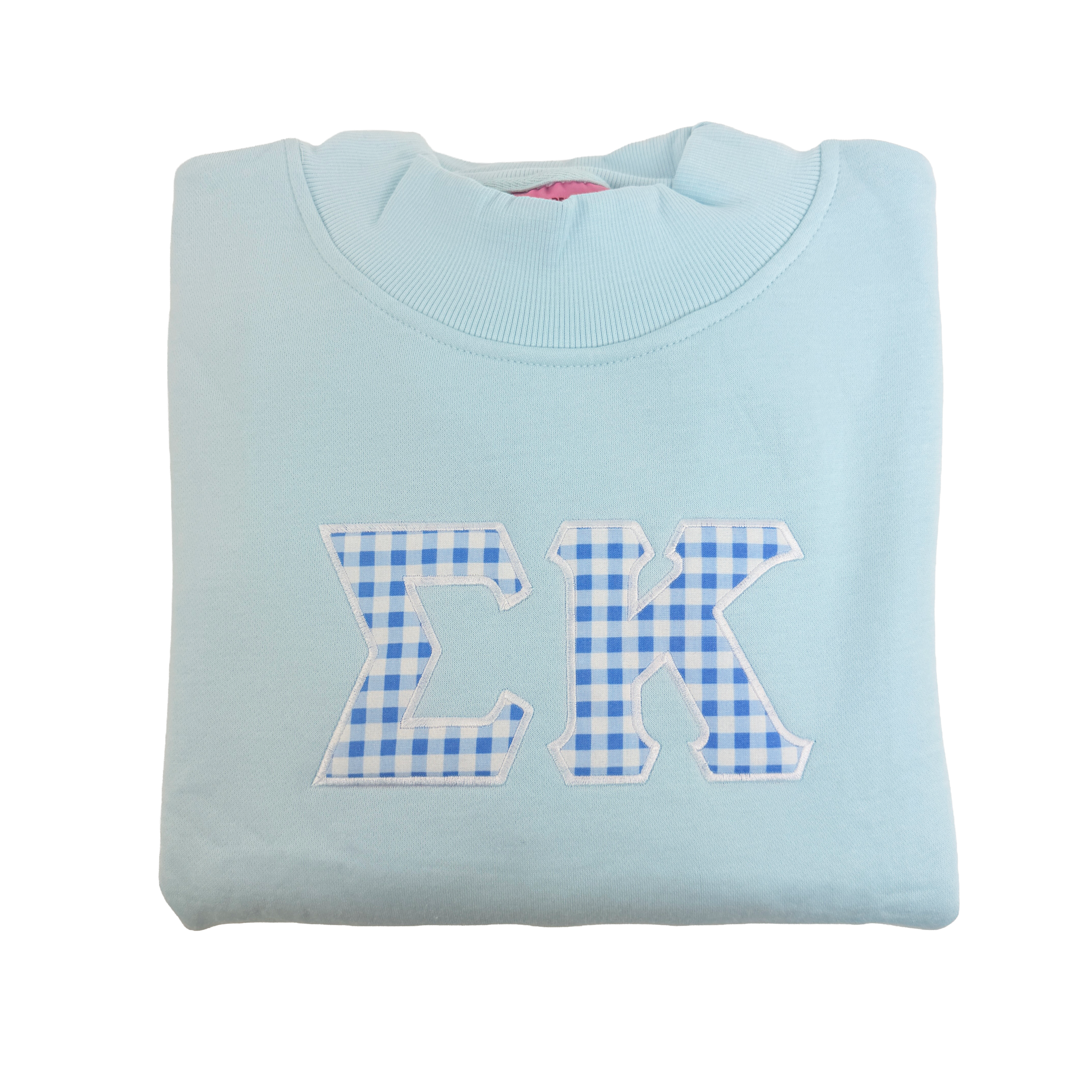 Custom Sorority Embroidered Light Blue Gingham Applique Mock Neck