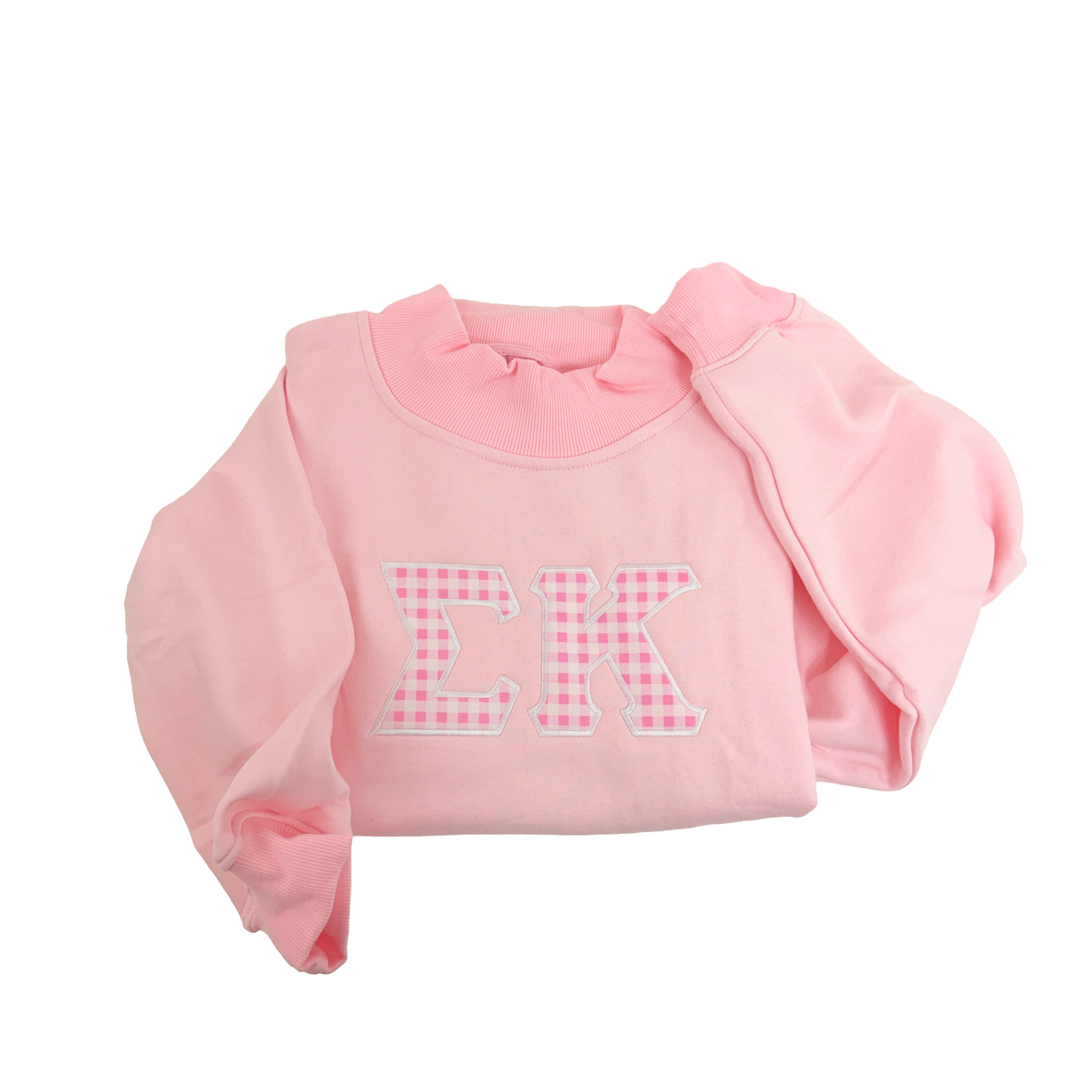 Custom Sorority Embroidered Light Pink Gingham Applique Mock Neck