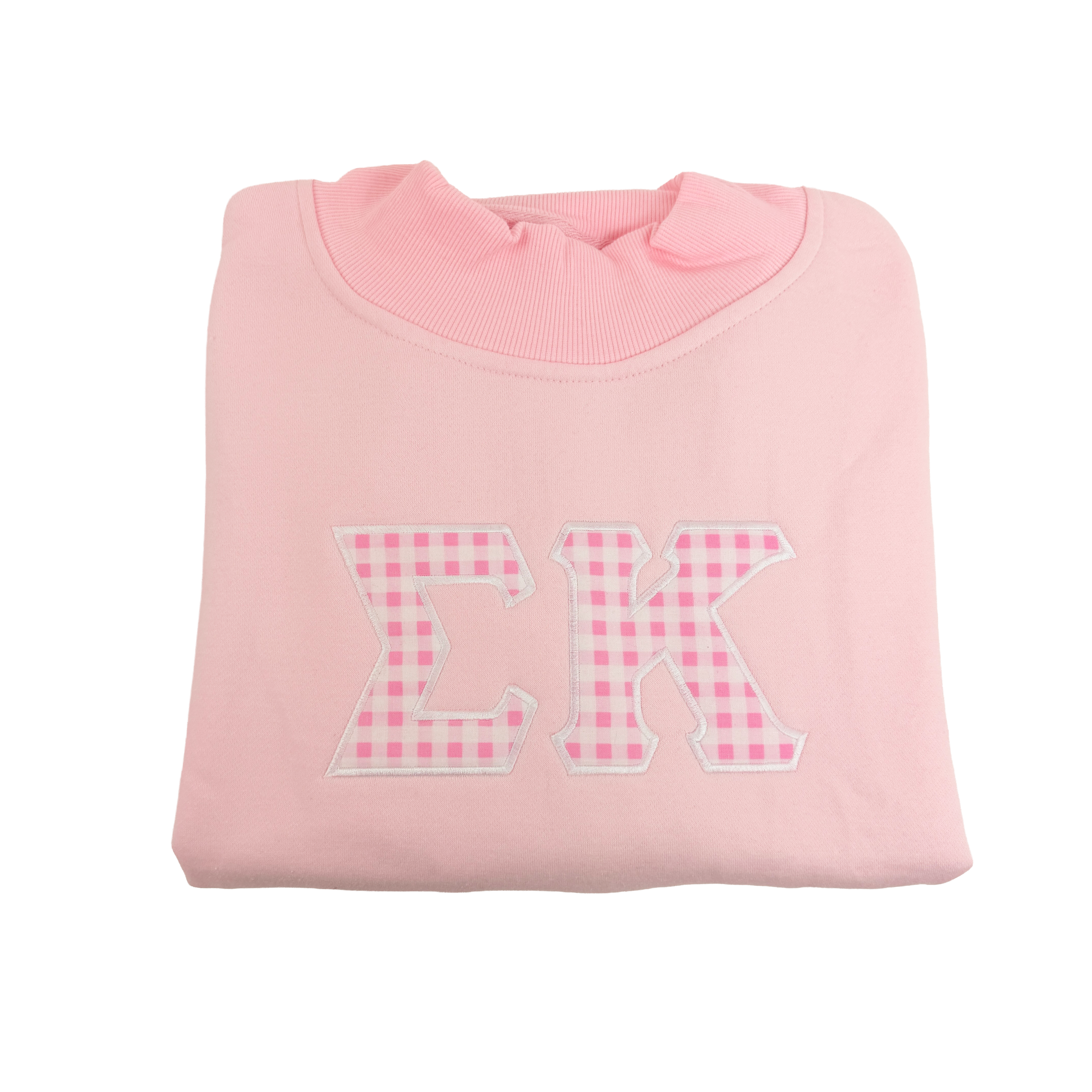 Custom Sorority Embroidered Light Pink Gingham Applique Mock Neck
