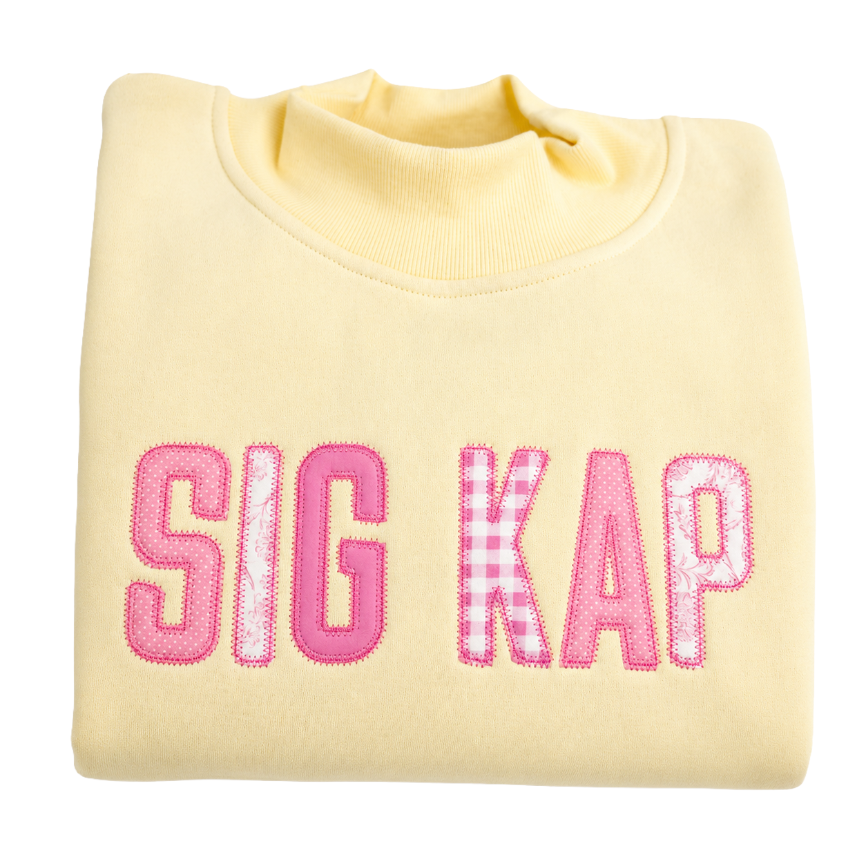 Sorority Pink Patchwork Applique Mock Neck Sweatshirt, Custom Embroidered Butter Crew Neck