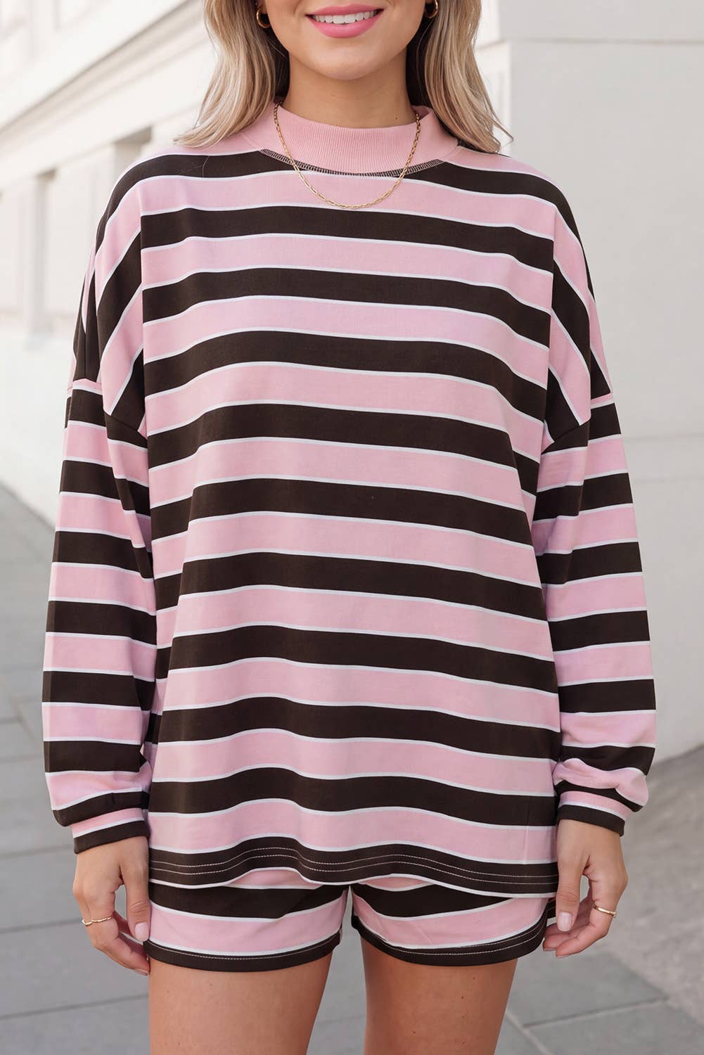 Striped Print Mock Neck Oversized Shorts Set