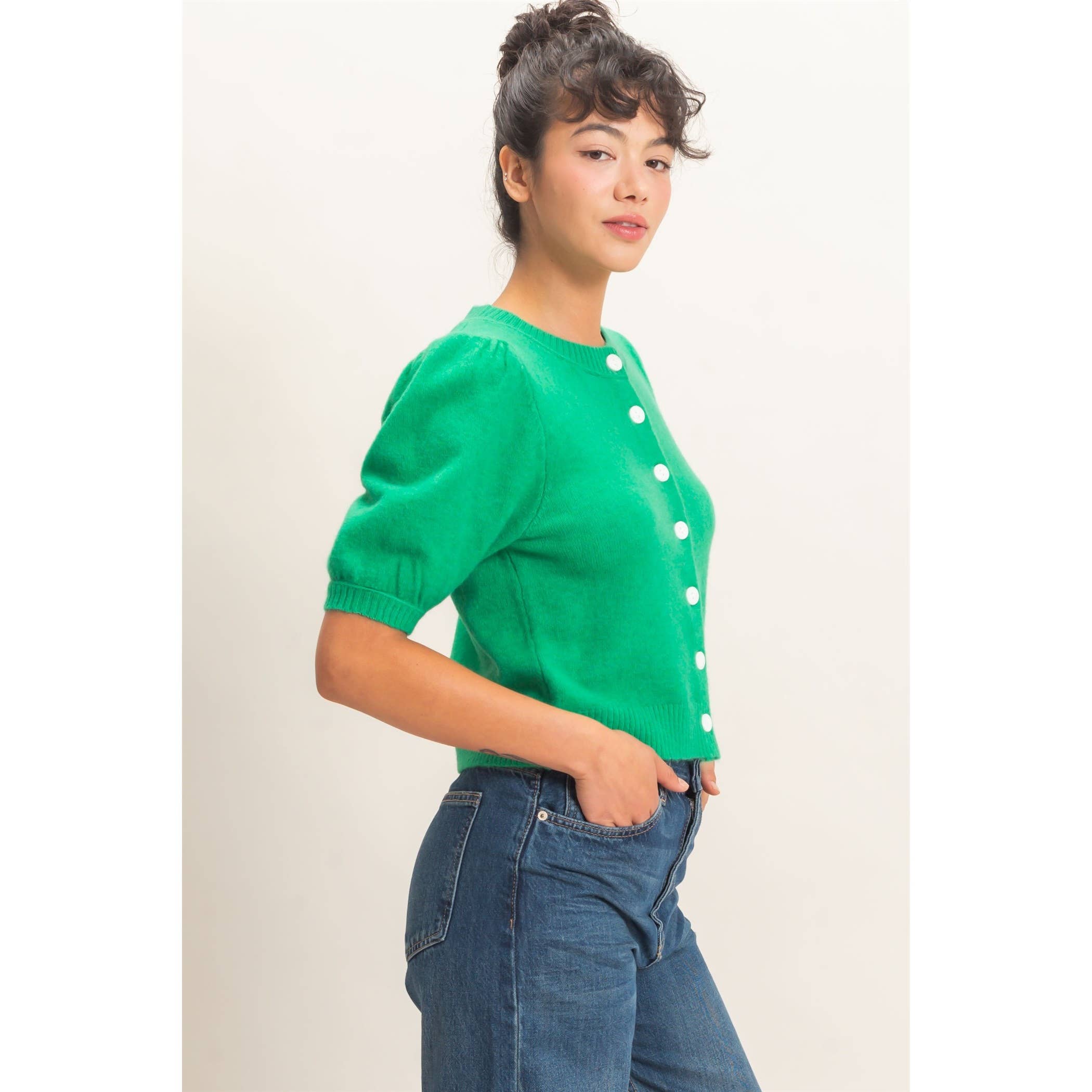 Button Front Puff Short Sleeve Cardigan