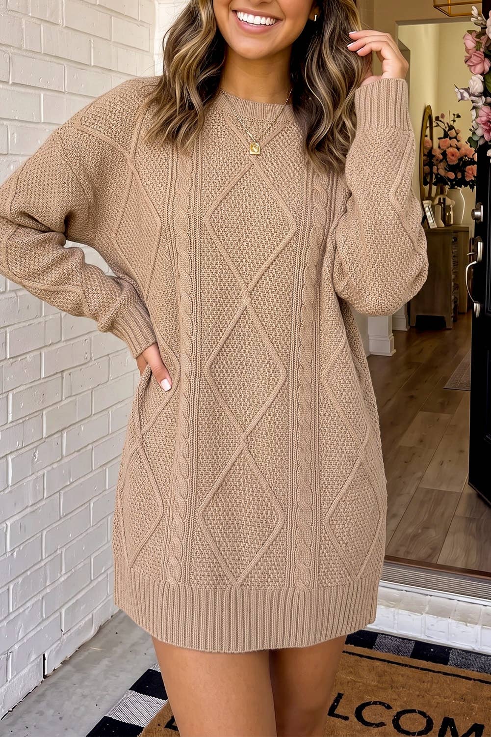 Cable Knit Loose Fit Sweater Mini Dress