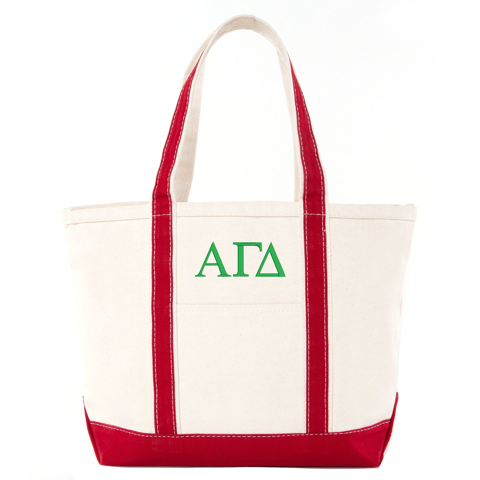A white tote bag with red trim and the Greek letters 'ΑΓΑ' printed on it.