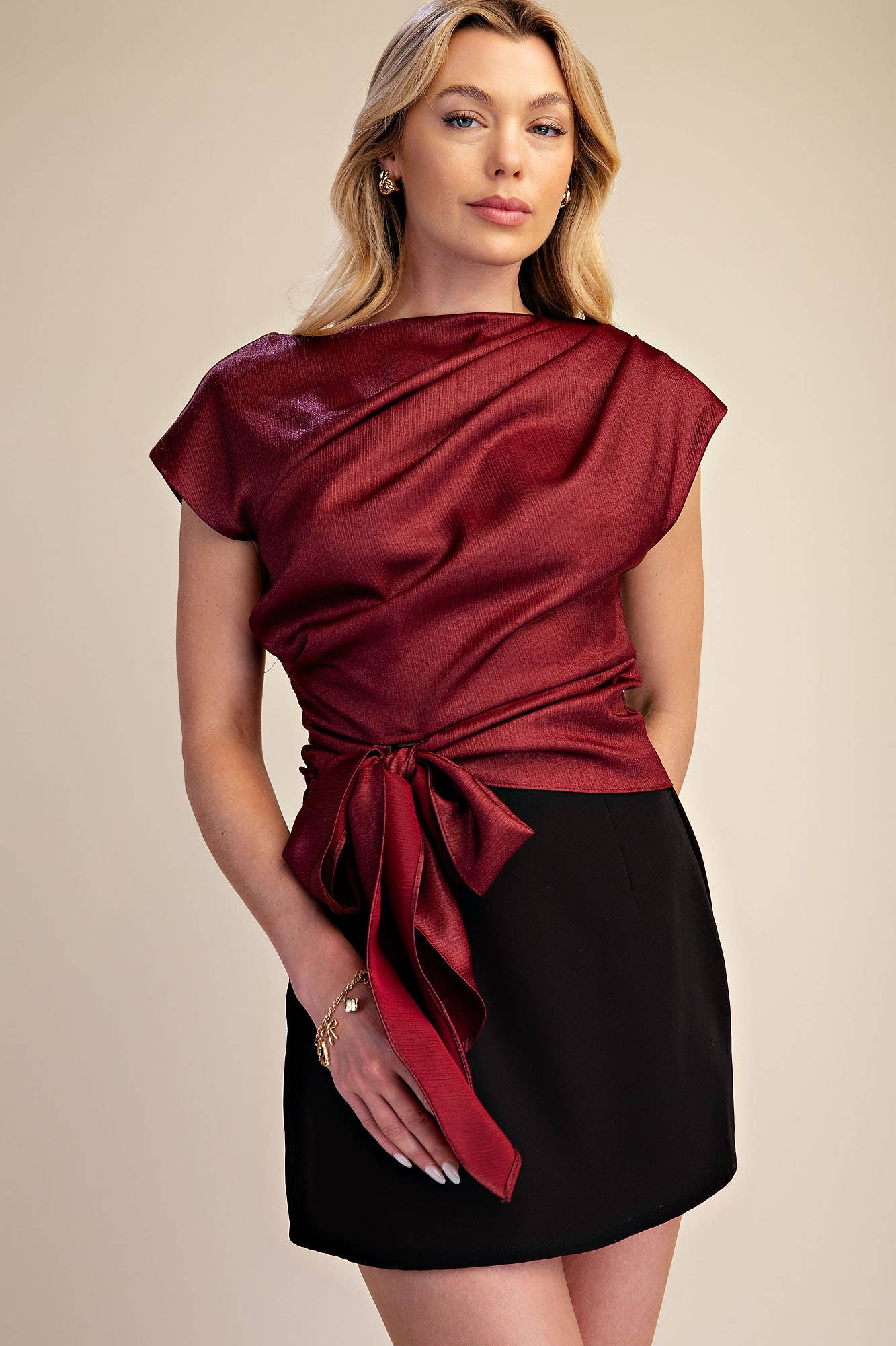 Asymmetrical Neck Waist Tie Blouse
