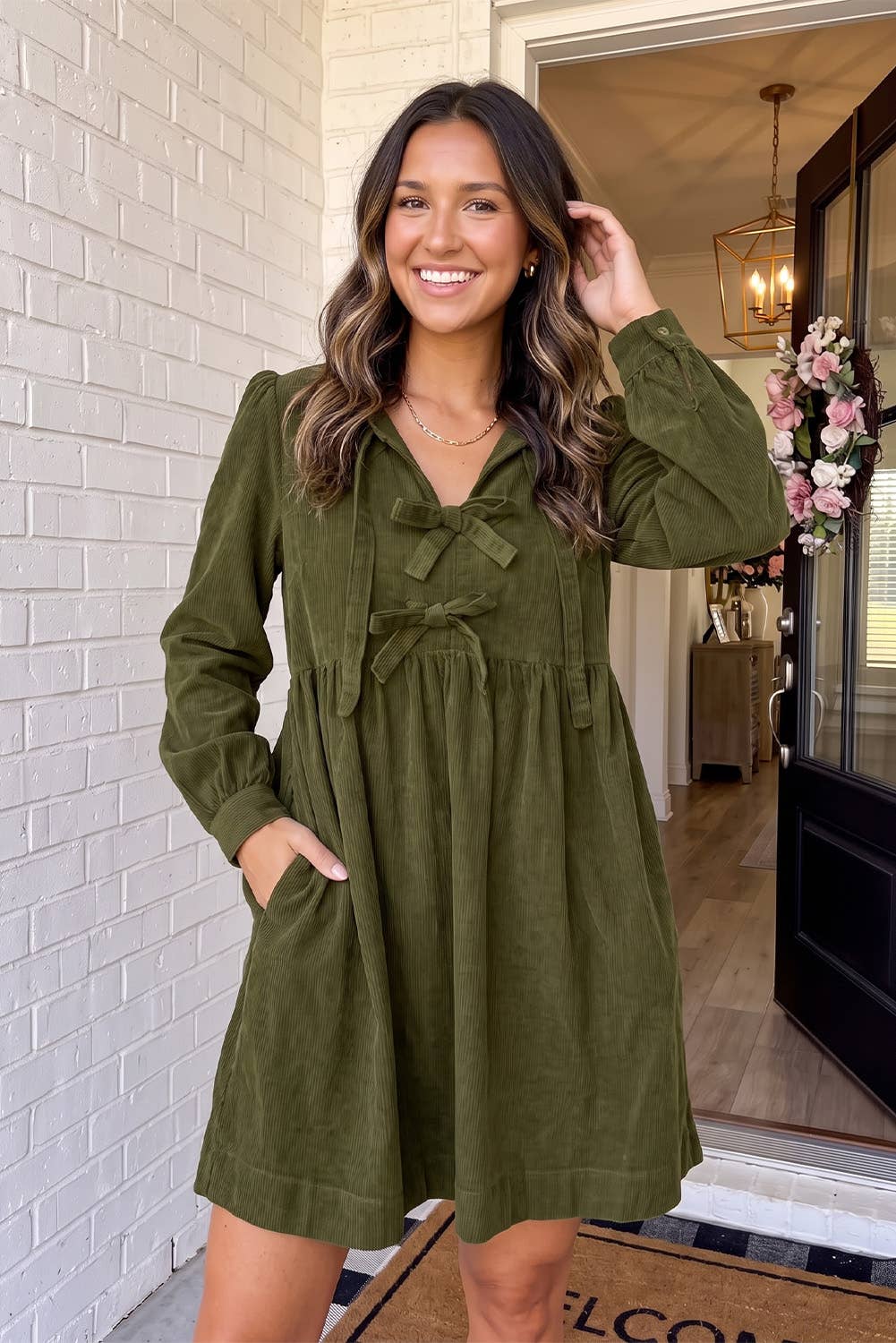 Retro Bow Knot Front Corduroy Mini Dress