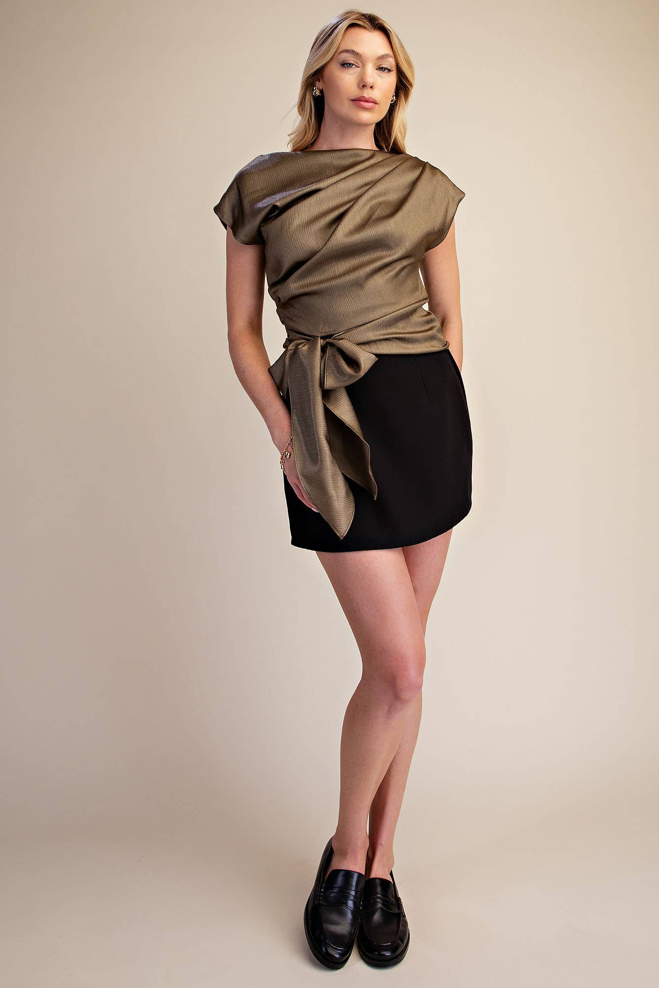 Asymmetrical Neck Waist Tie Blouse