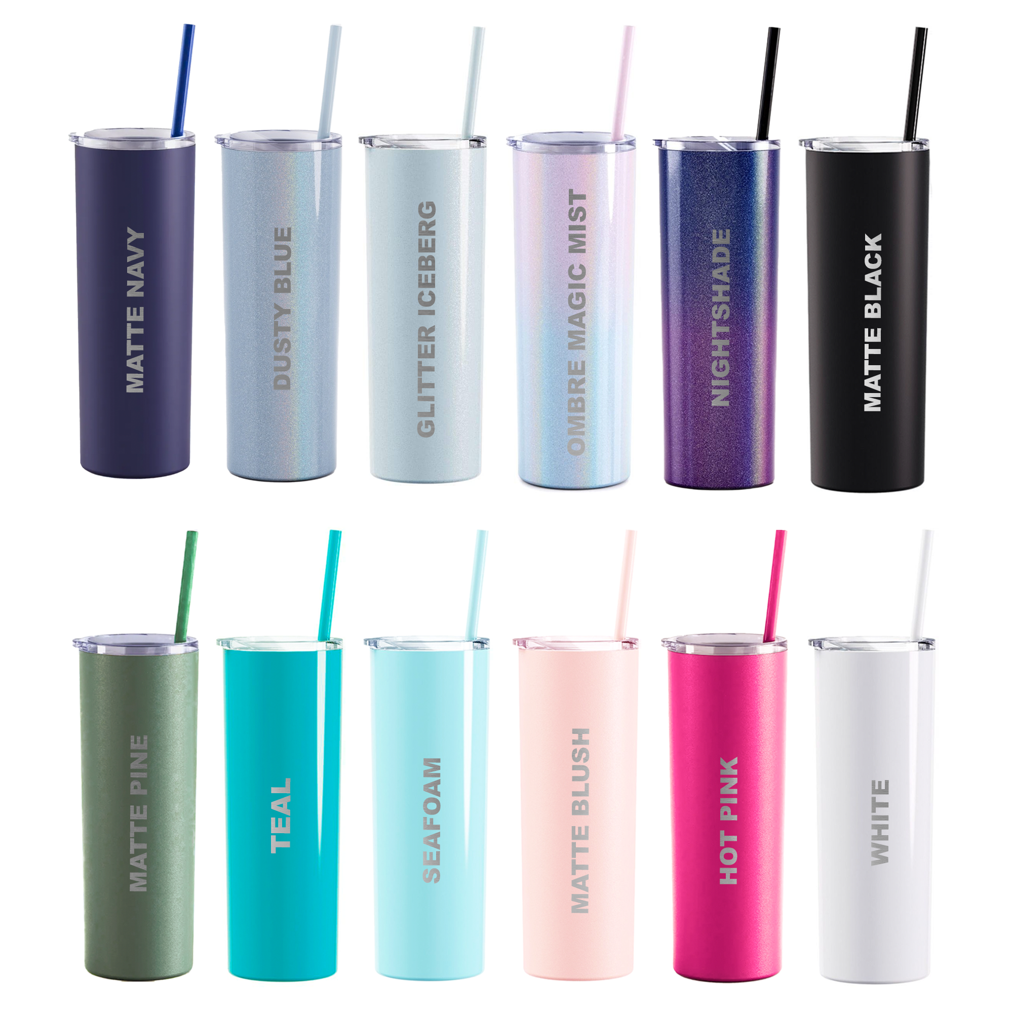 a collection of twelve colorful tumblers with straws, each with a unique color and design.