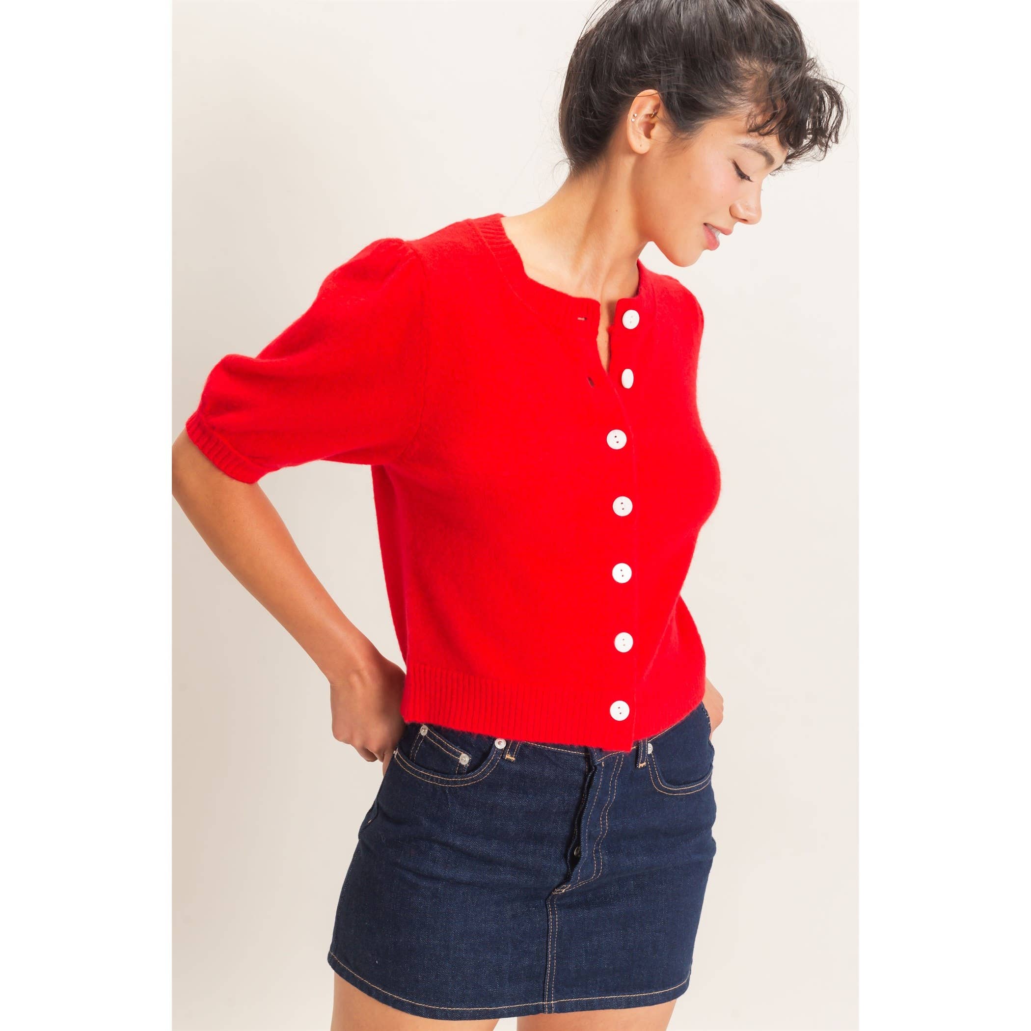 Button Front Puff Short Sleeve Cardigan