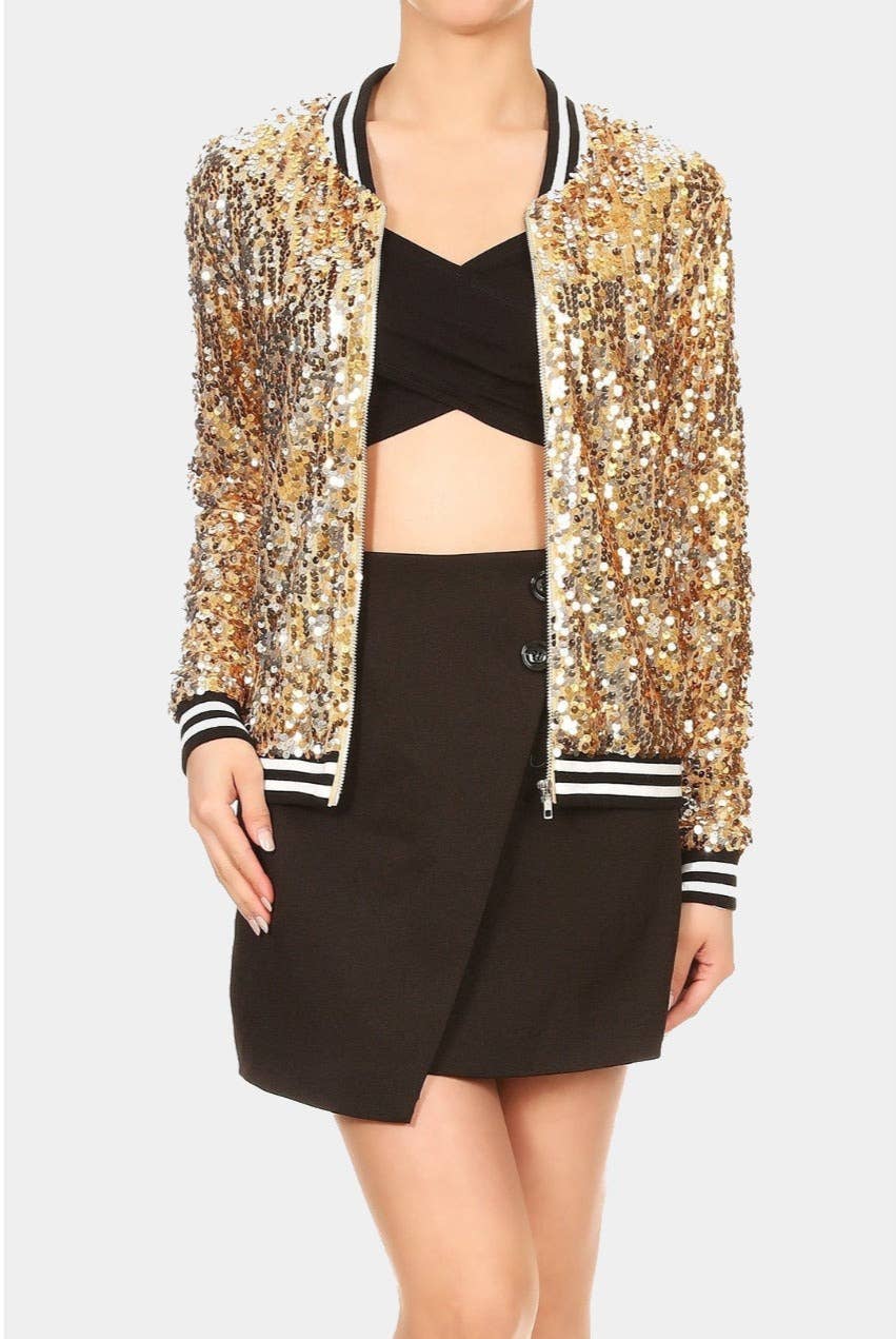 Game Day Sequin Bomber Zip-Up Jacket