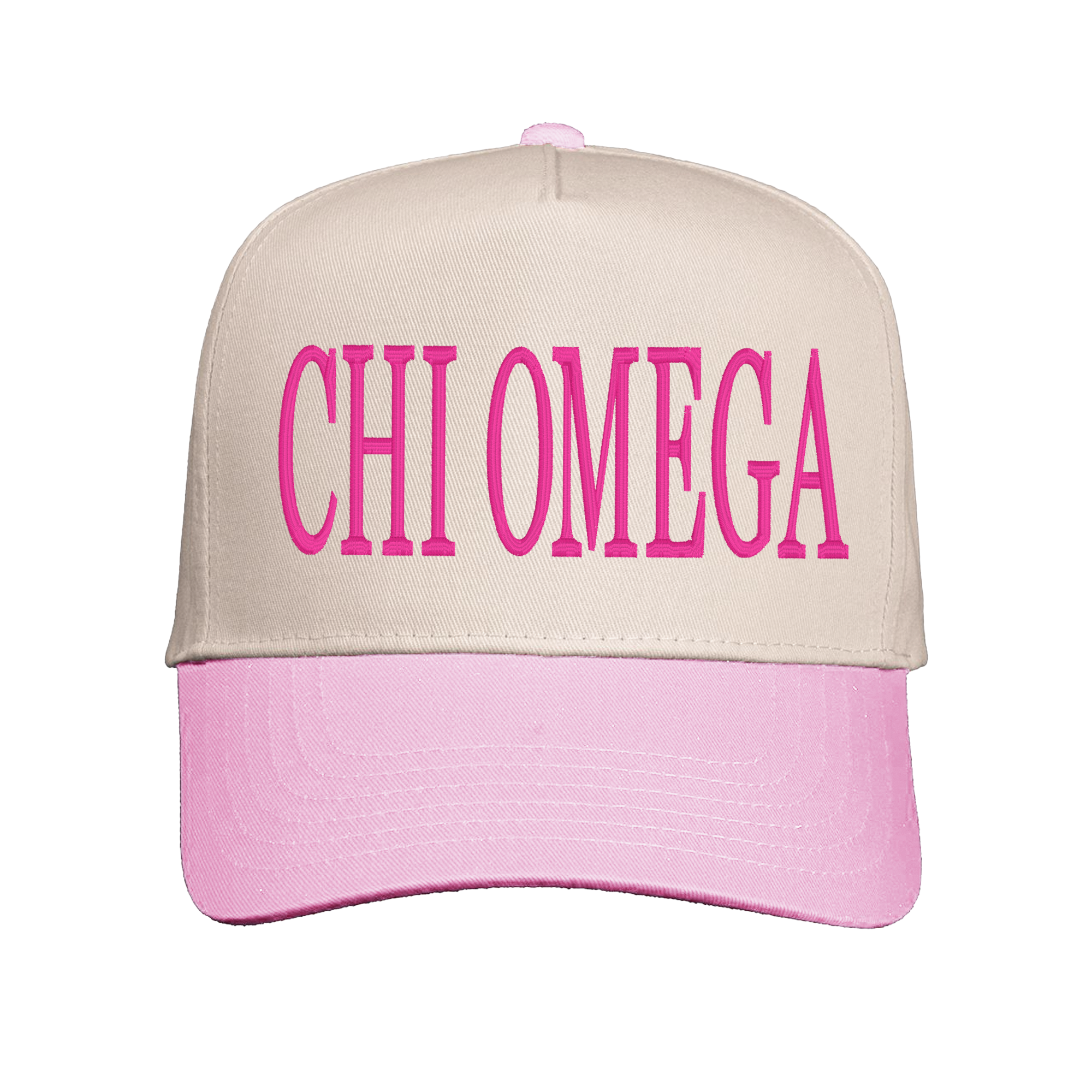 A pink and beige baseball cap with the text "CHI OMEGA" printed on it.