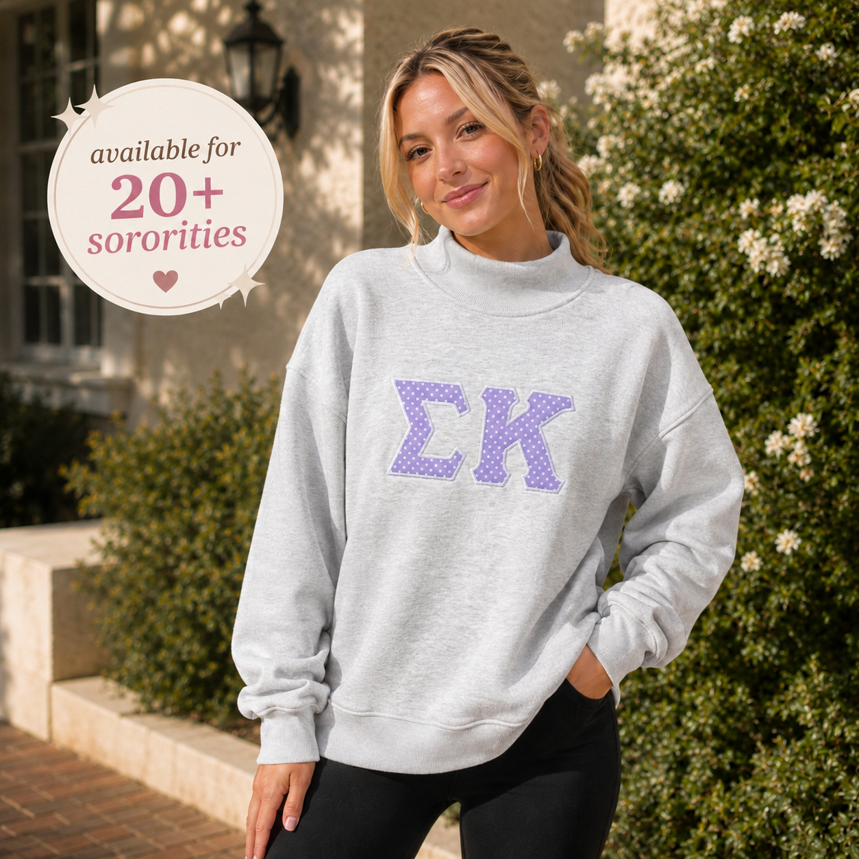 Custom Sorority Embroidered Ash Lavender Polka Dot Applique Mock Neck