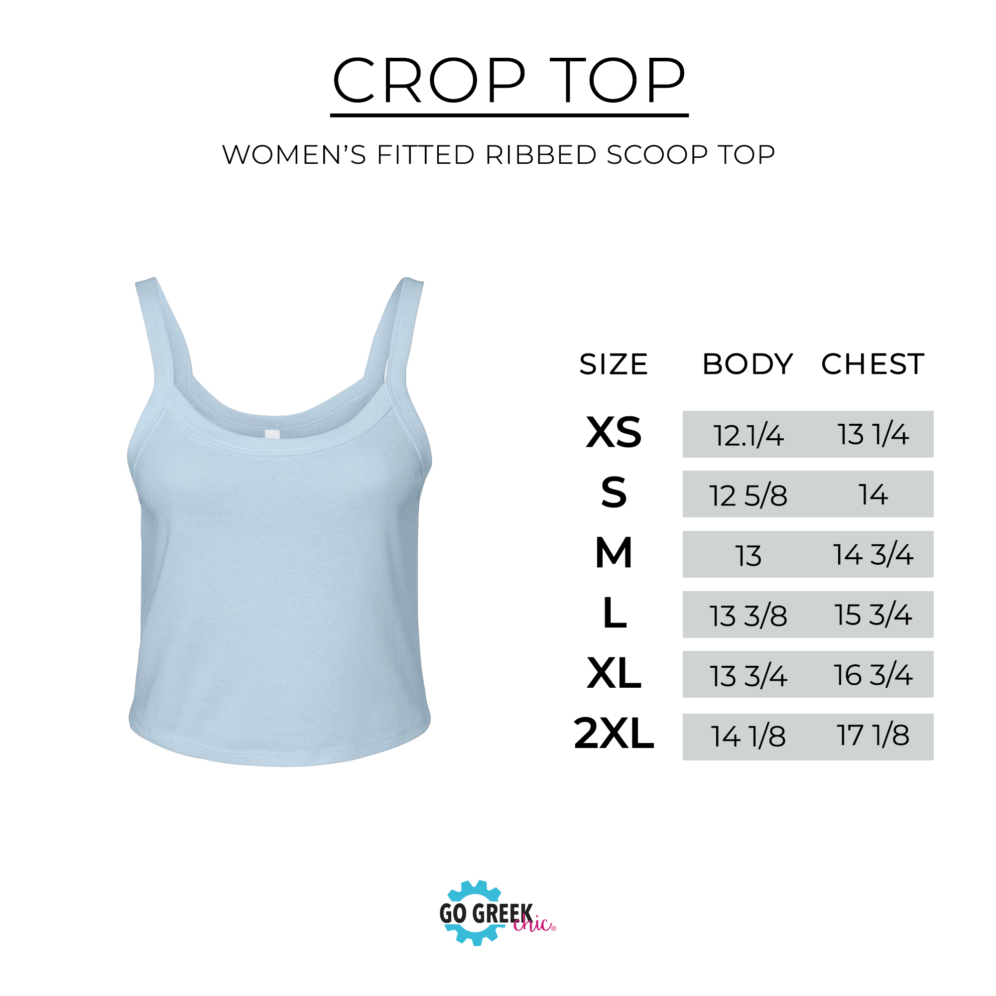 a cropped top designed for women, with a light blue color. The top is described as a women's fitted ribbed scoop top, indicating that it is designed to fit the body comfortably. The image provides size information for different shirt sizes, including XS, S, M, L, XL, and 2XL, which are used to determine the appropriate size for the shirt.
