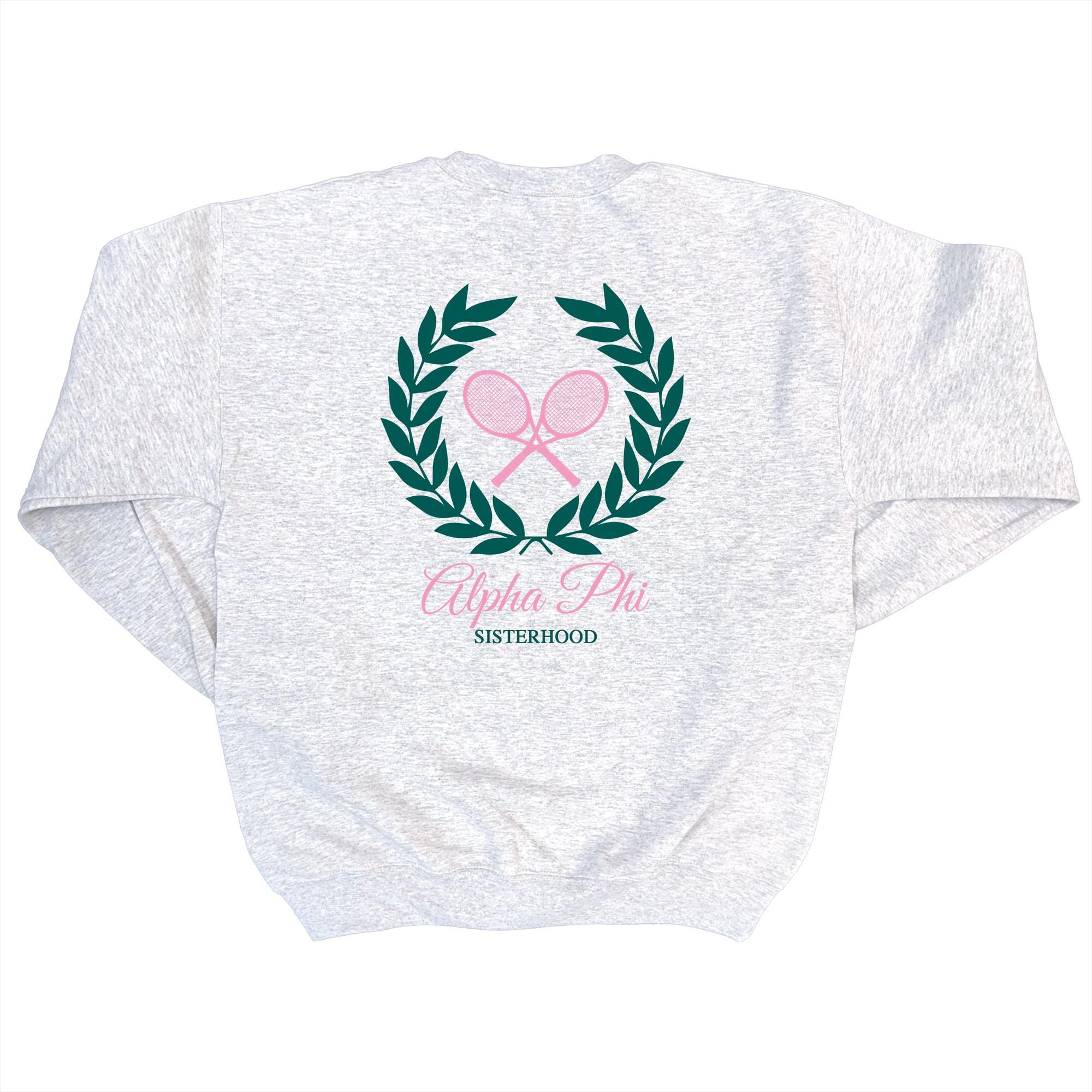 Alpha Phi Tennis Club - Embroidered & Printed Preppy Sorority Sweater - Ash