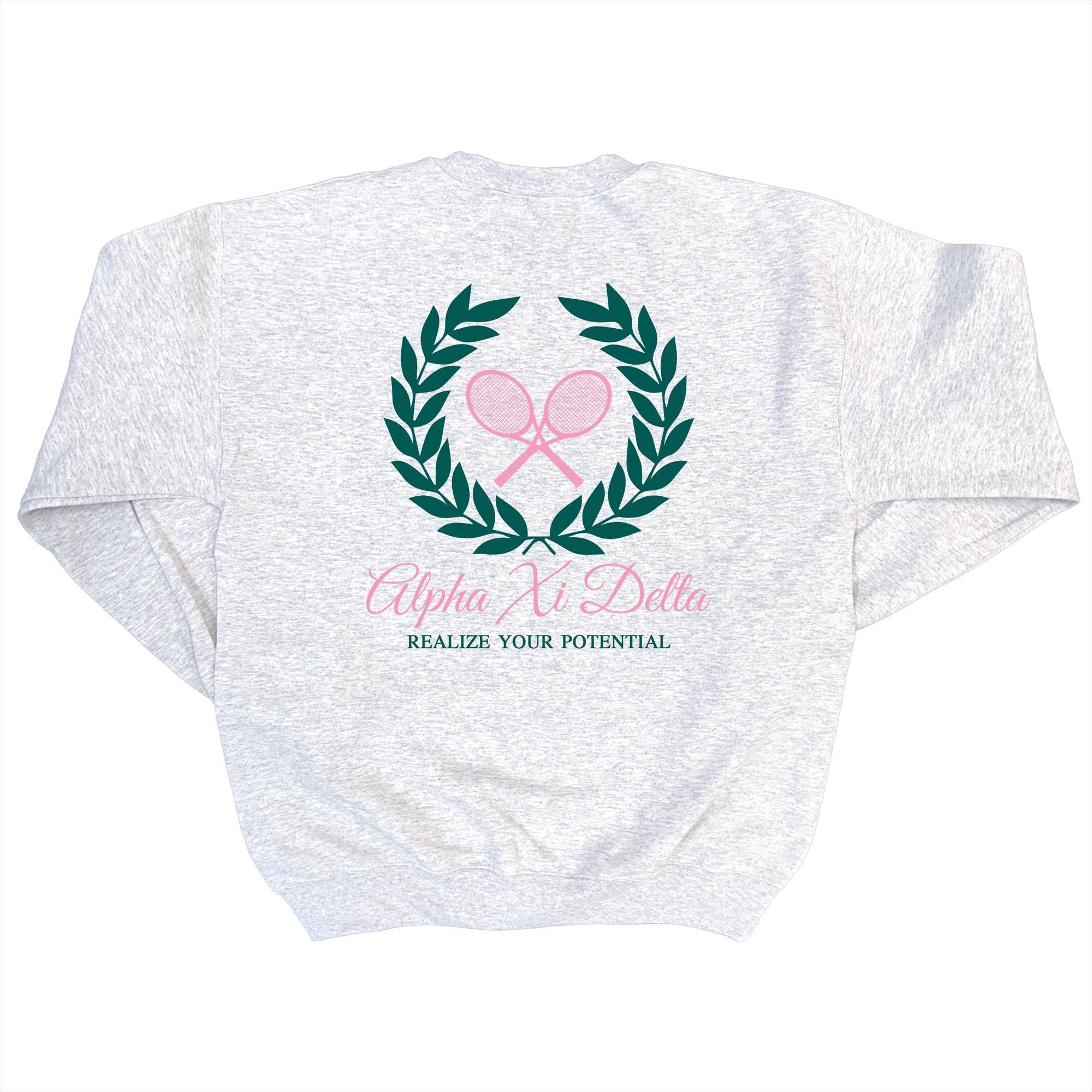 Alpha Xi Delta Tennis Club - Embroidered & Printed Preppy Sorority Sweater - Ash