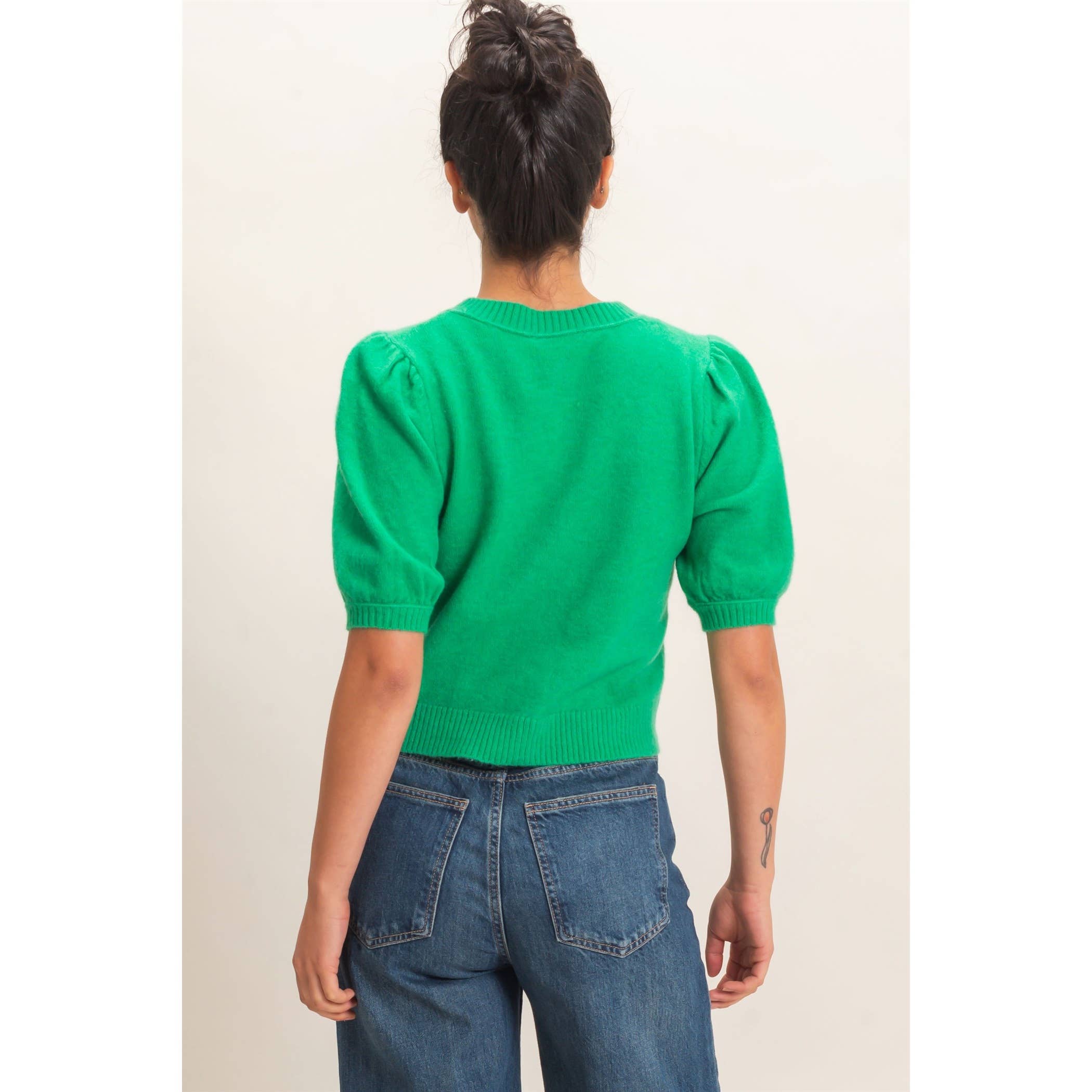 Button Front Puff Short Sleeve Cardigan