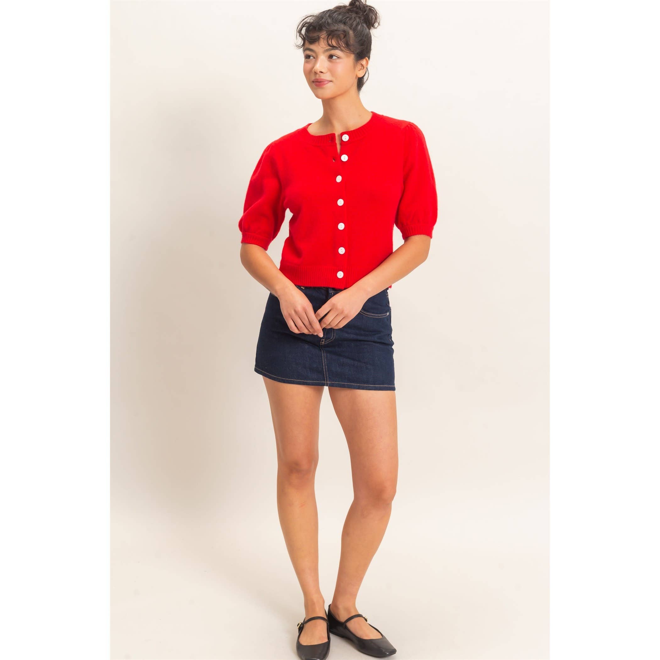Button Front Puff Short Sleeve Cardigan
