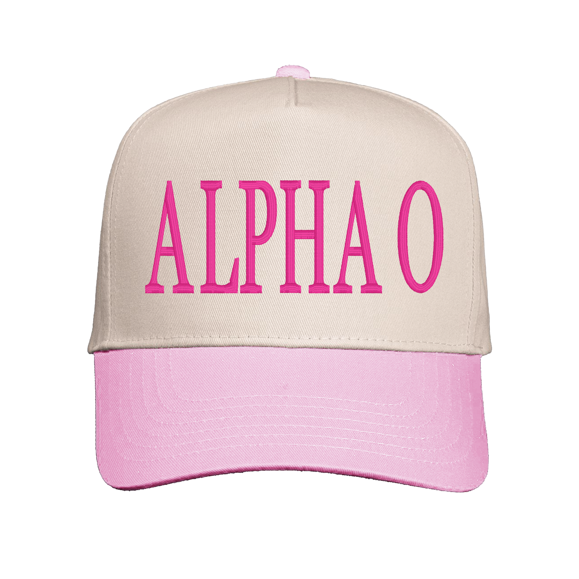 A pink and beige baseball cap with the word "ALPHAO" printed on it in pink letters.