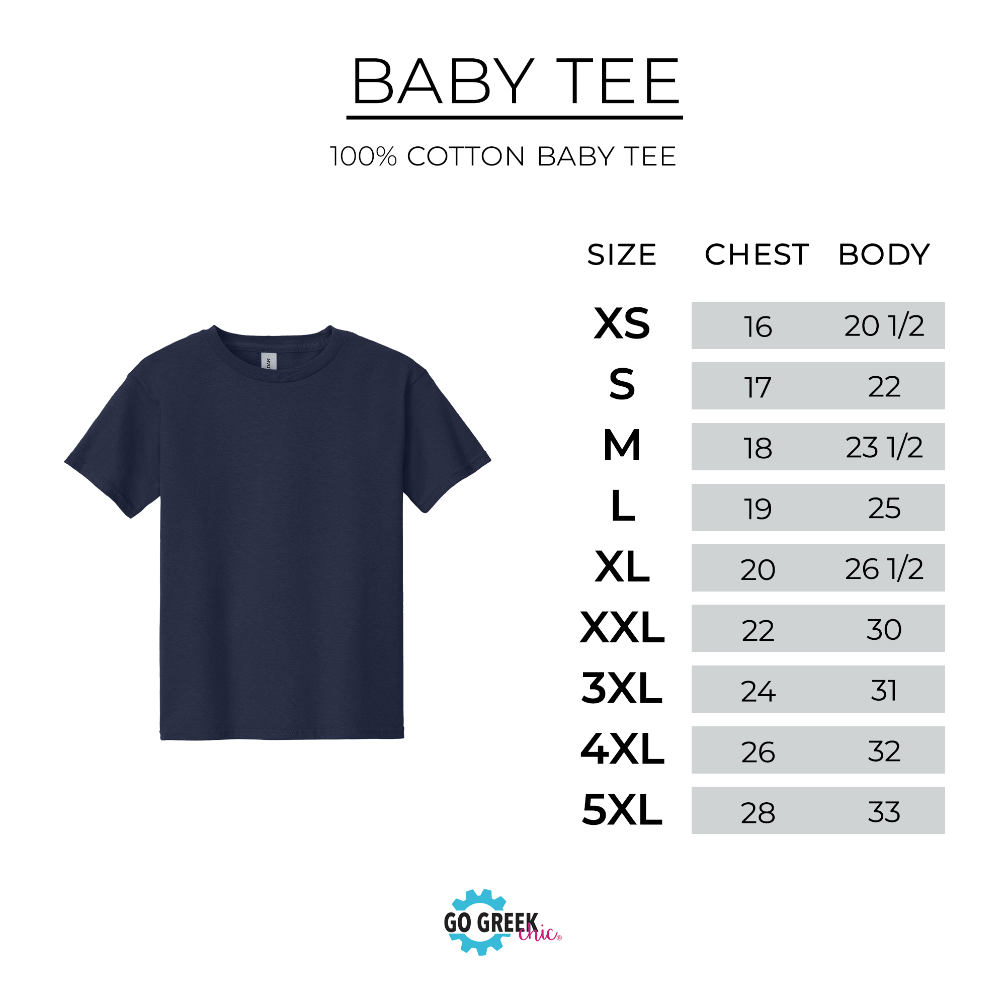 The image is a baby t-shirt size chart that provides the size and corresponding chest, body, and waist measurements for different shirt sizes.