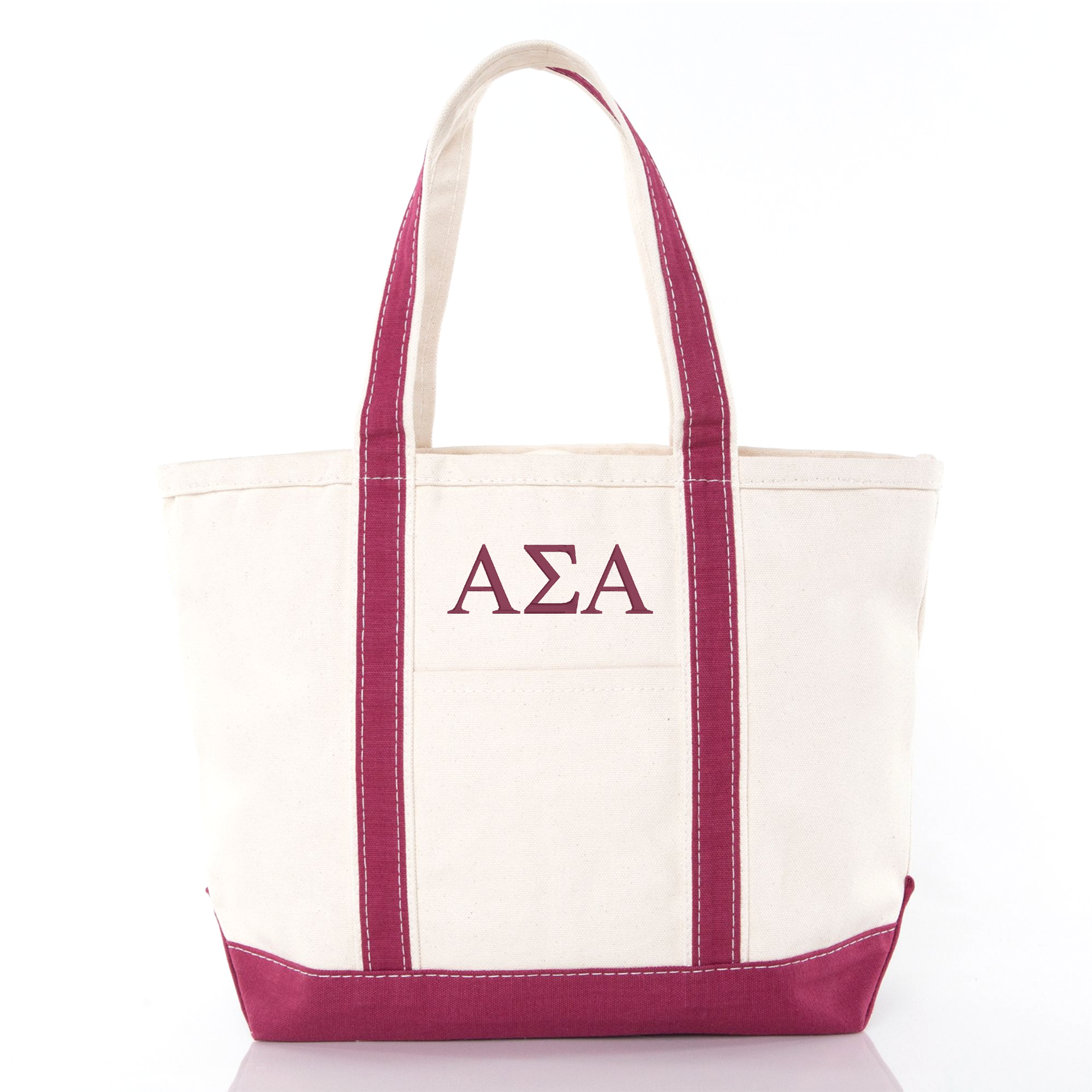A white tote bag with maroon trim and the letters "ΑΛΑ" printed on it.