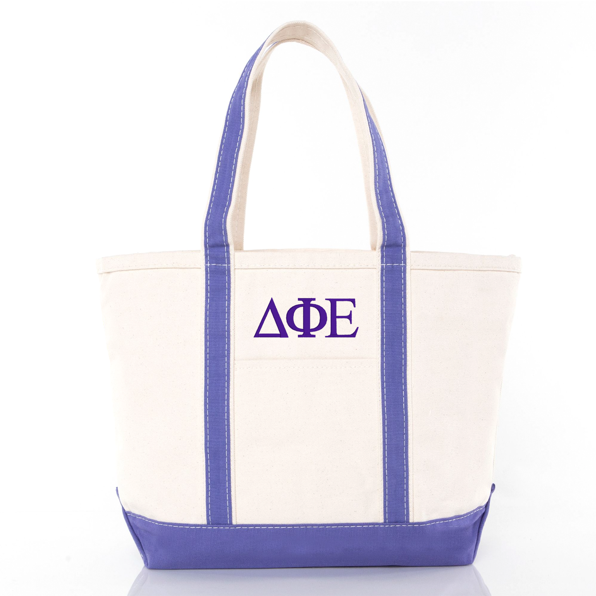 A beige tote bag with blue trim and the Greek letters "ΔΕΛΕ" printed on it.