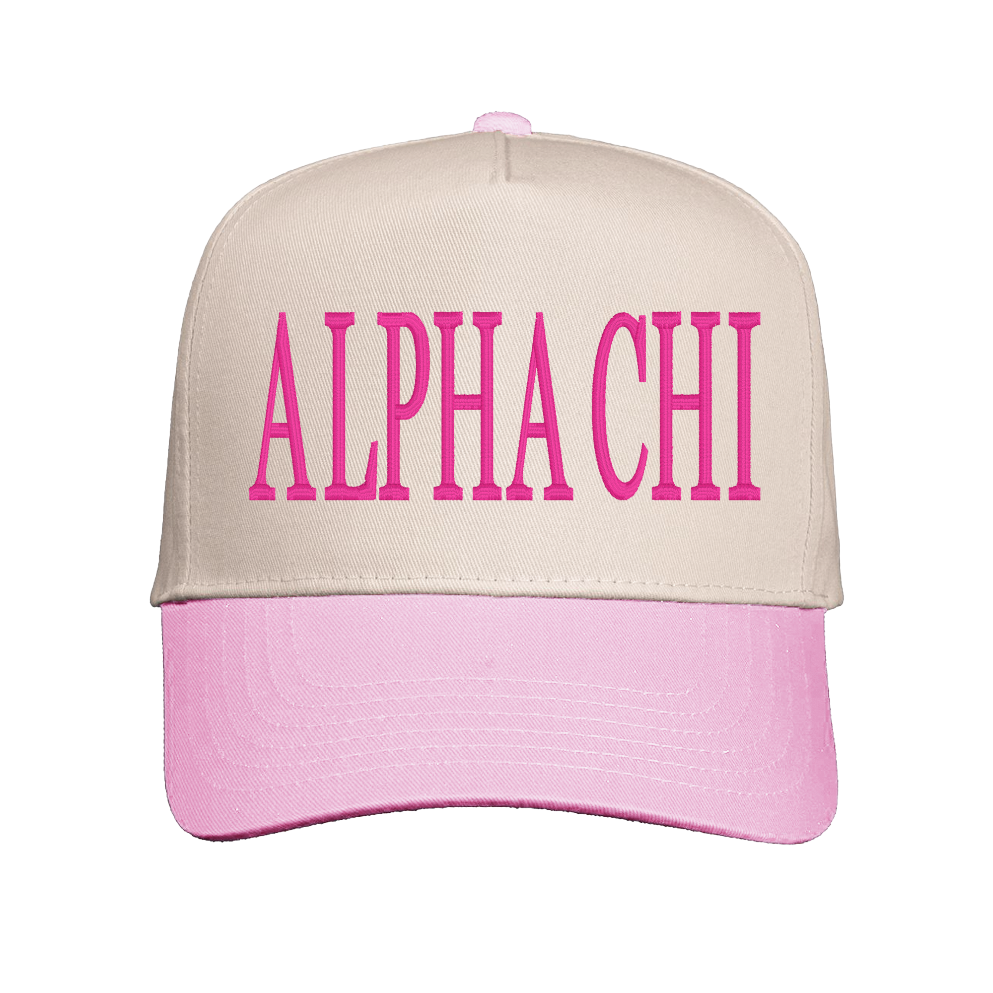 A pink and beige baseball cap with the text "ALPHA CHI" printed on it in pink letters.