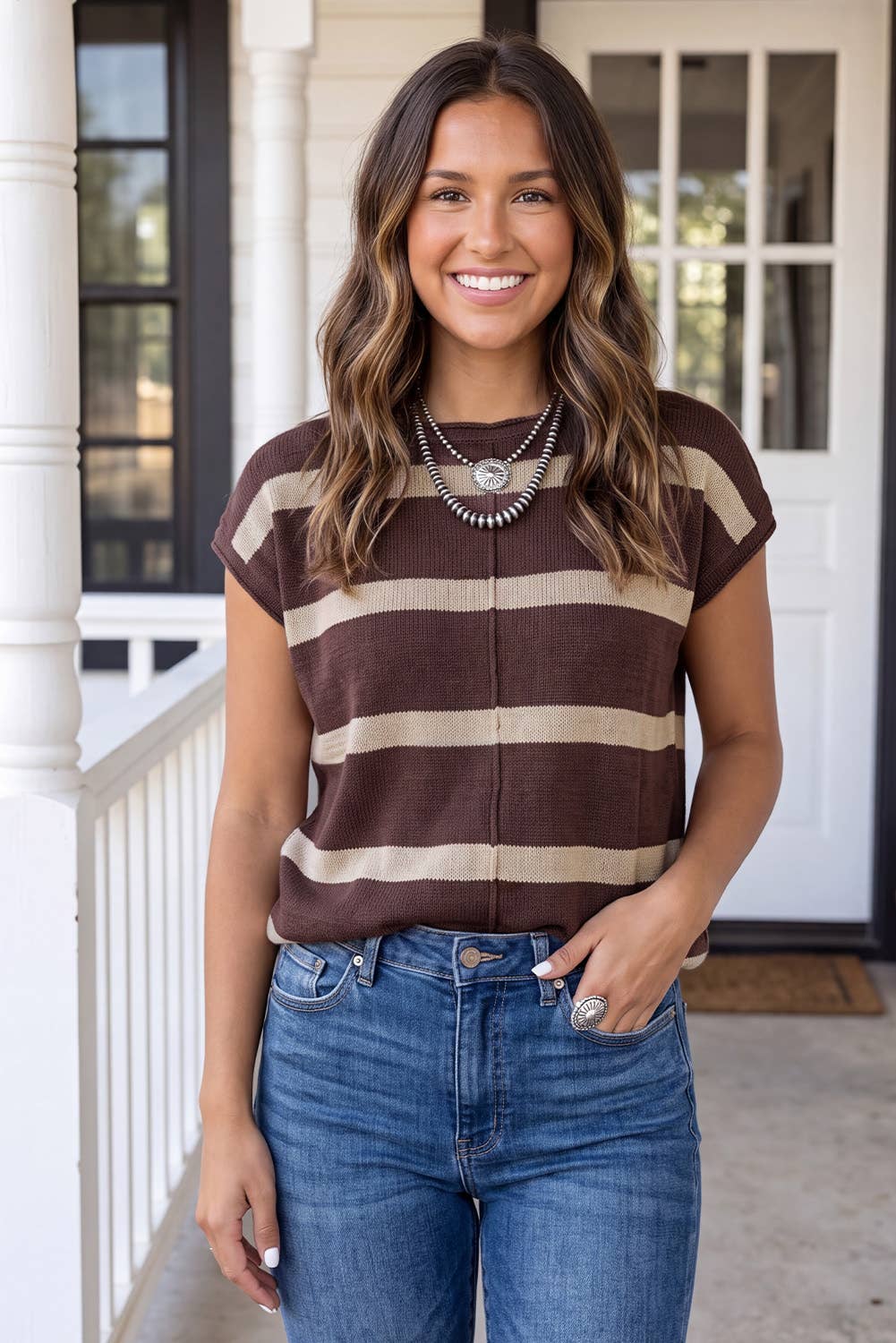Striped Cap Sleeve Knit Sweater