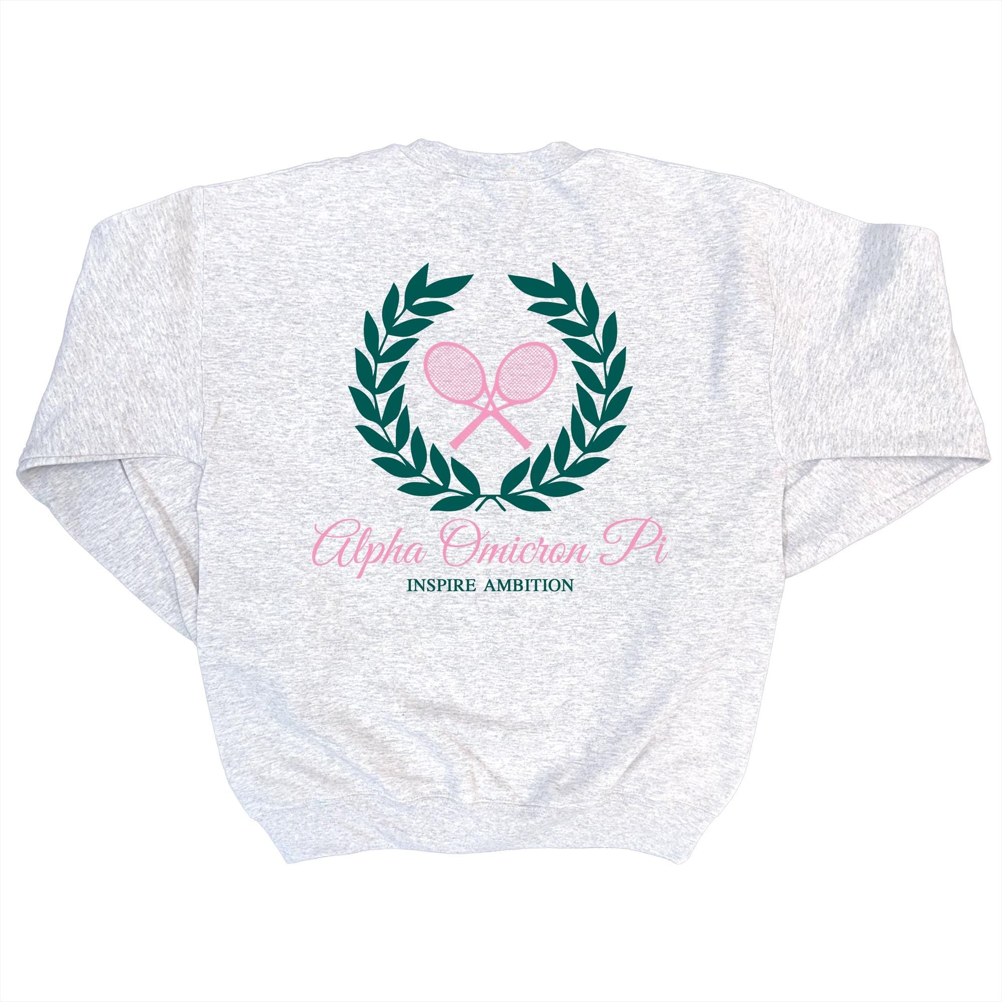Alpha Omicron Pi Tennis Club - Embroidered & Printed Preppy Sorority Sweater - Ash