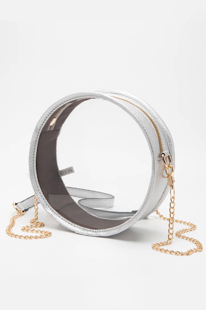Solid Color Trim Clear Round Crossbody Bag: Black