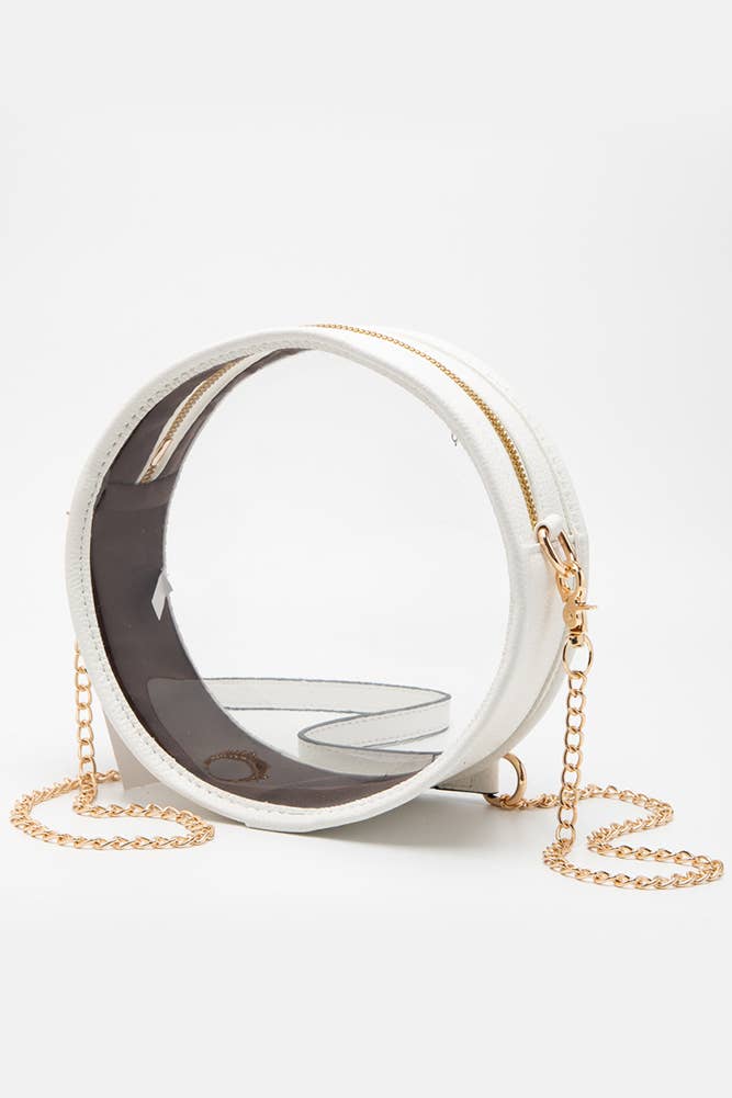 Solid Color Trim Clear Round Crossbody Bag: White