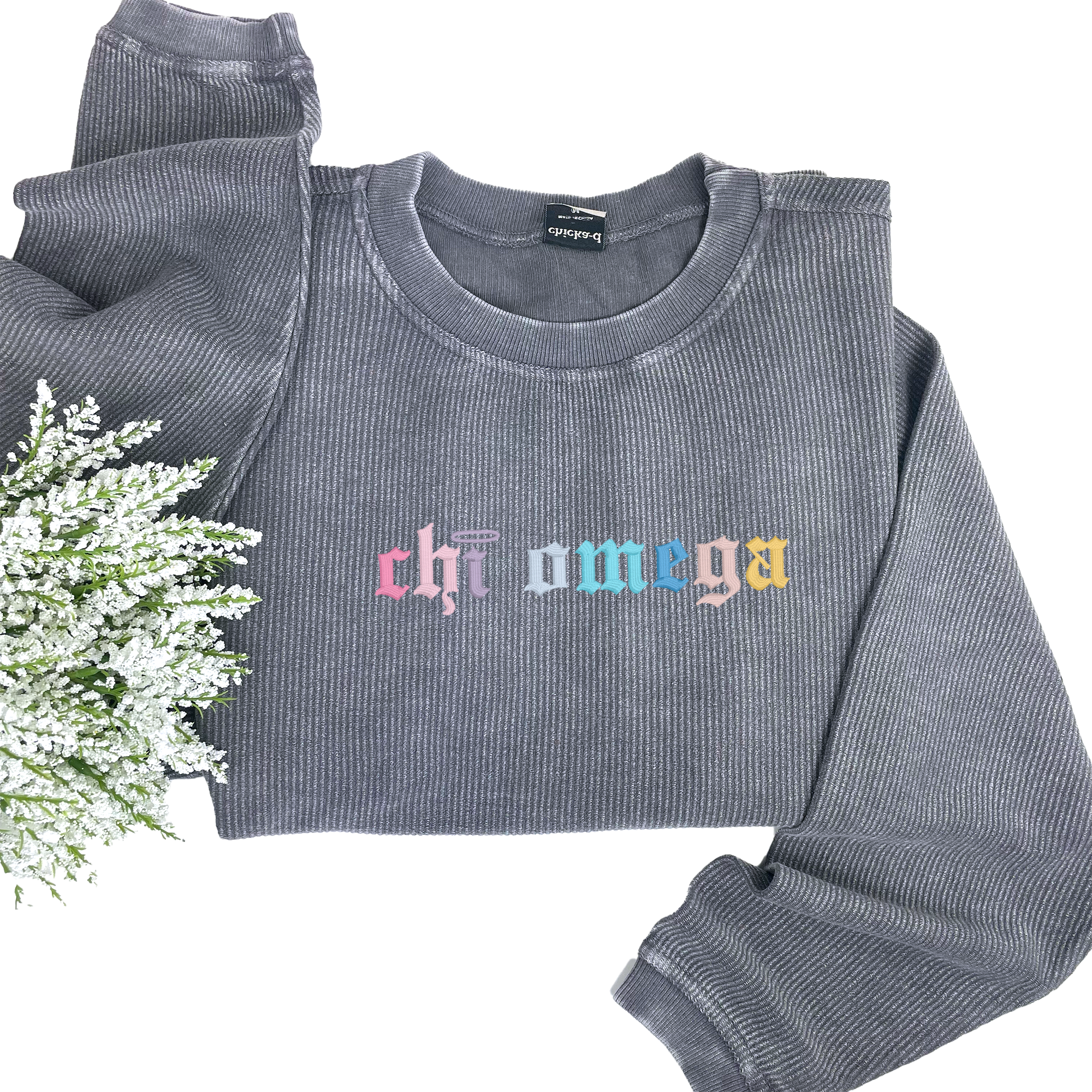 Chi Omega Corded Crewneck Sweatshirt - Embroidered Old English Font