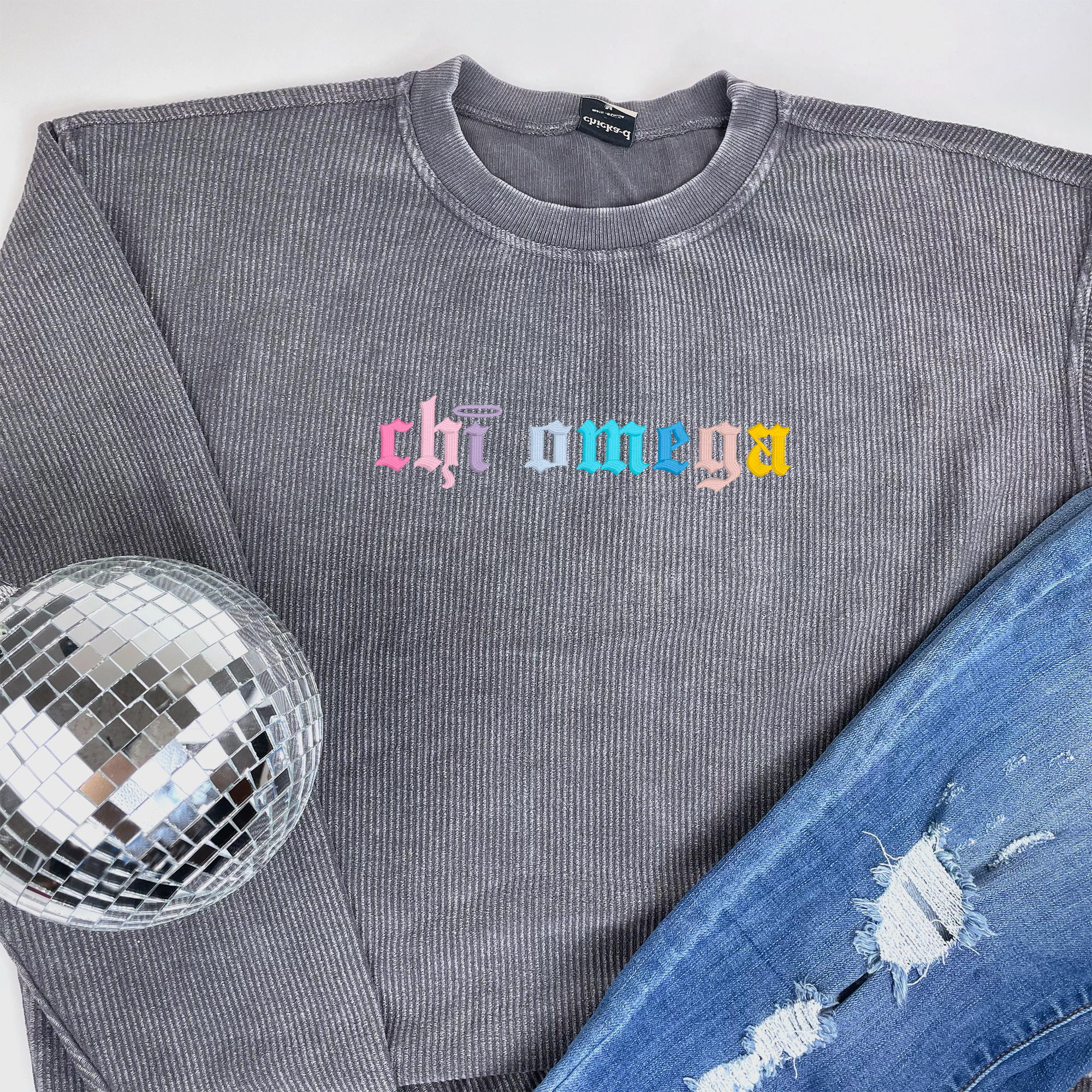 Chi Omega Corded Crewneck Sweatshirt - Embroidered Old English Font
