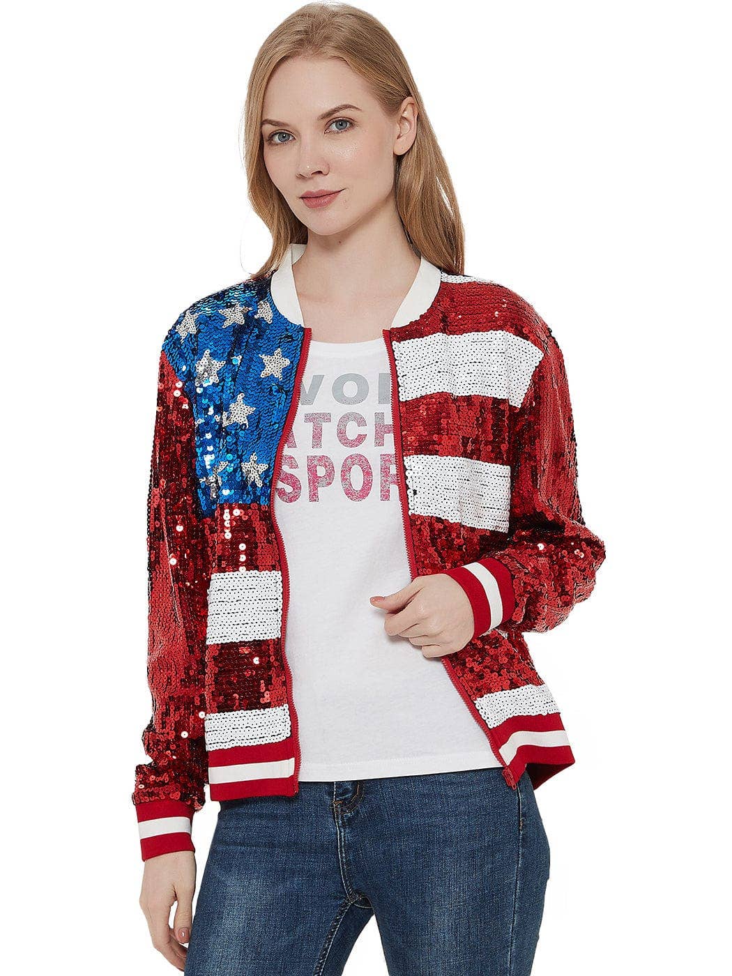 Game Day Sequin Bomber Zip-Up Jacket