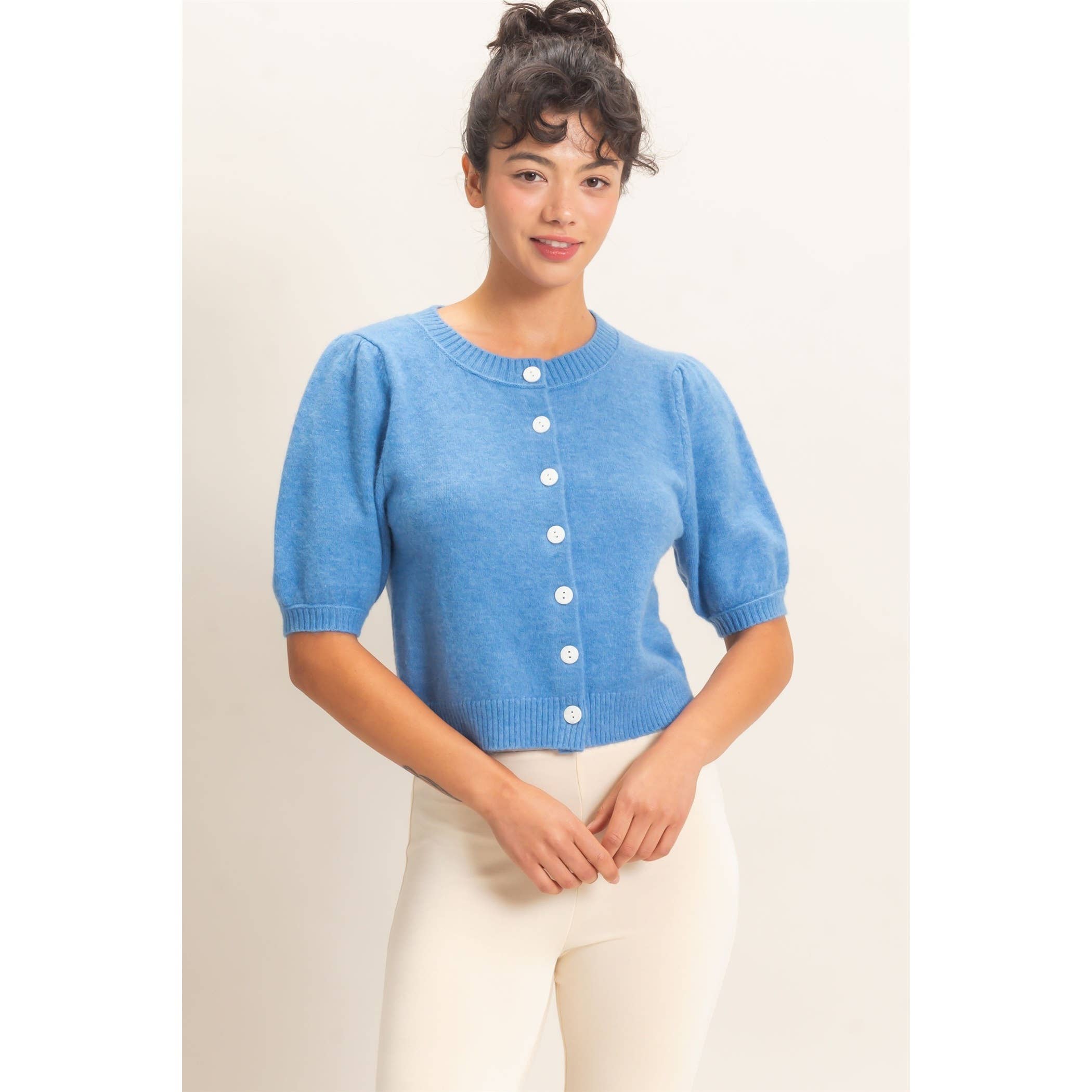 Button Front Puff Short Sleeve Cardigan