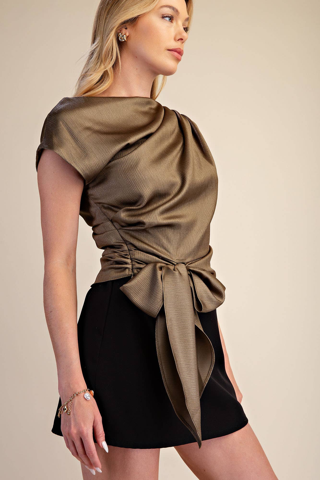 Asymmetrical Neck Waist Tie Blouse
