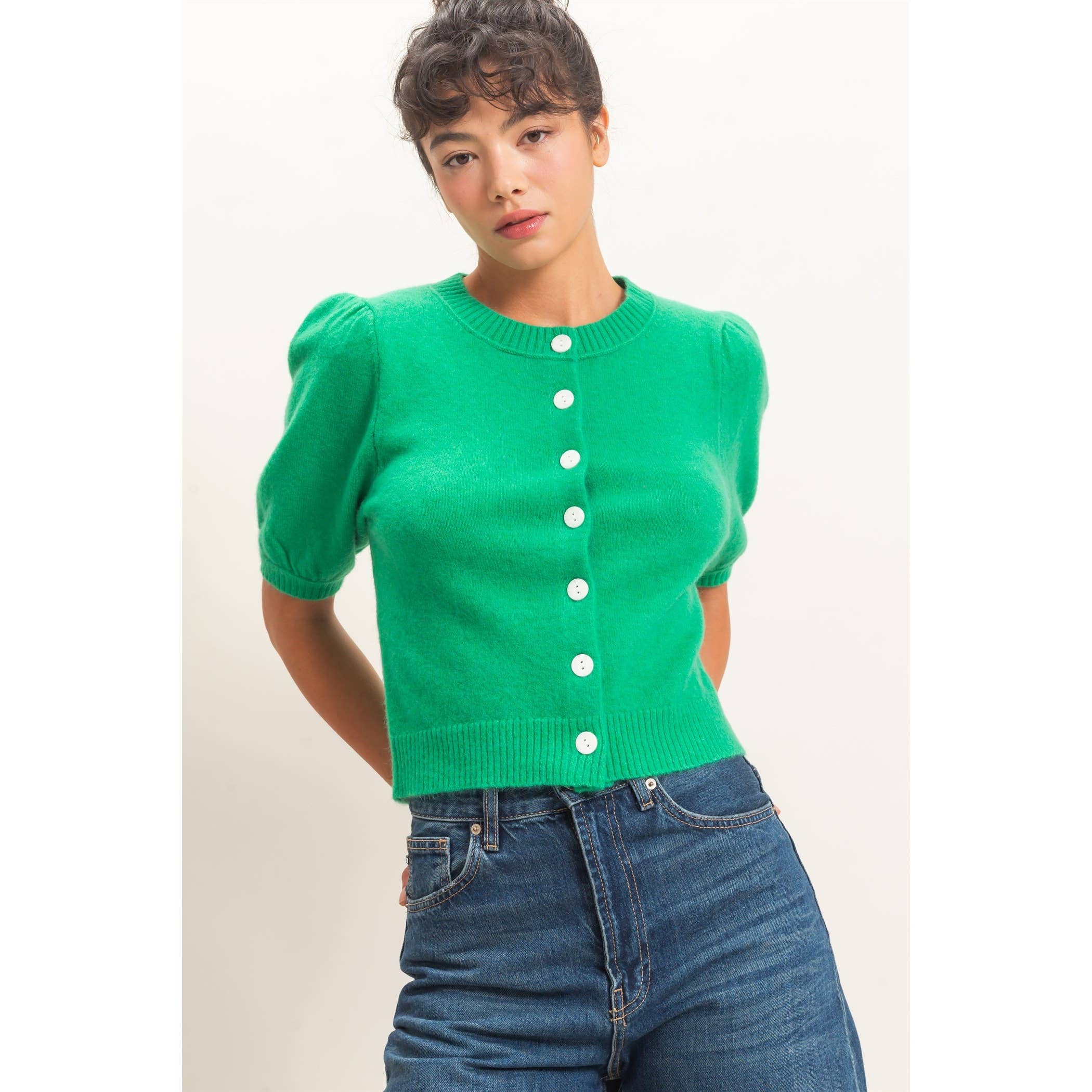 Button Front Puff Short Sleeve Cardigan