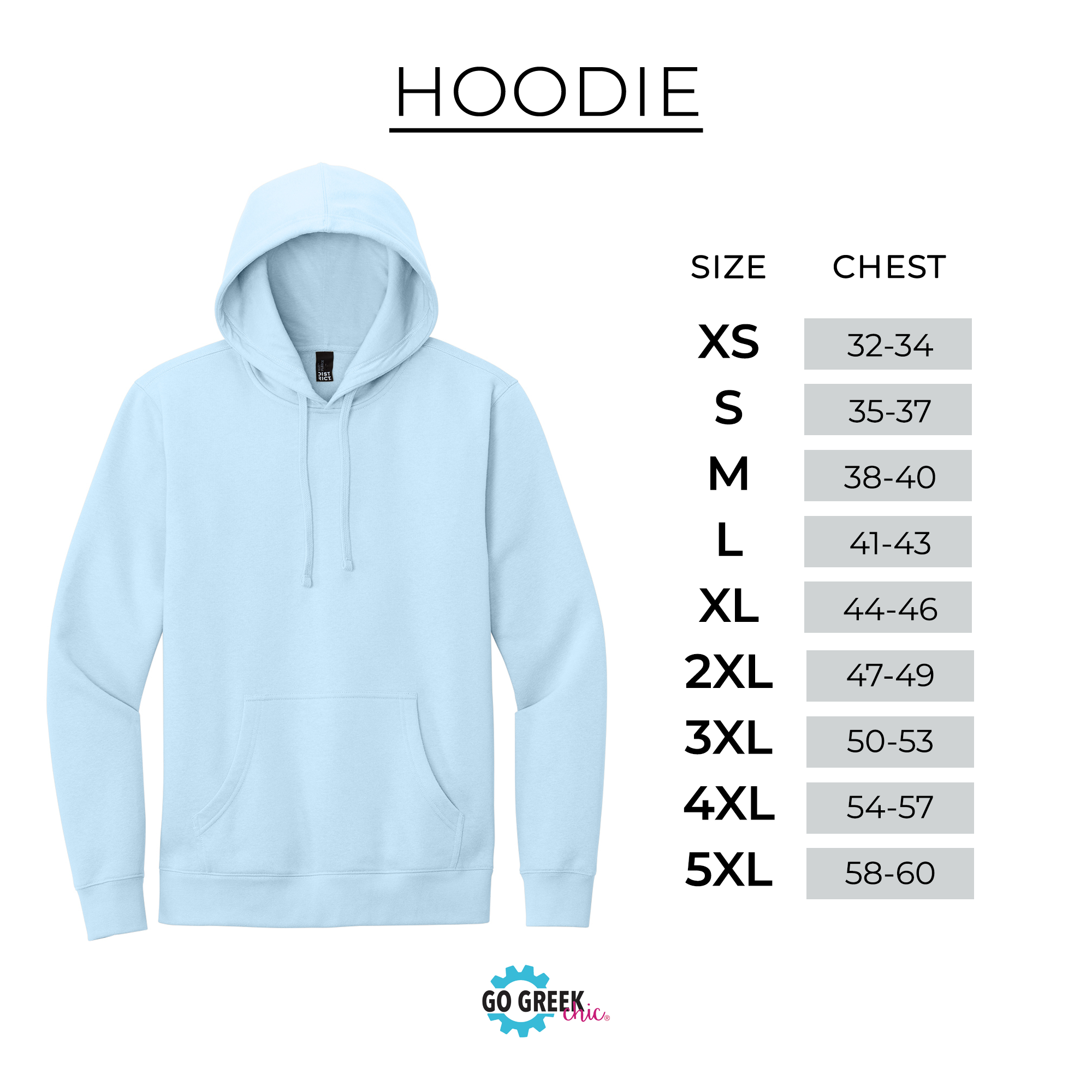 a light blue hoodie with size and chest measurements listed below it.