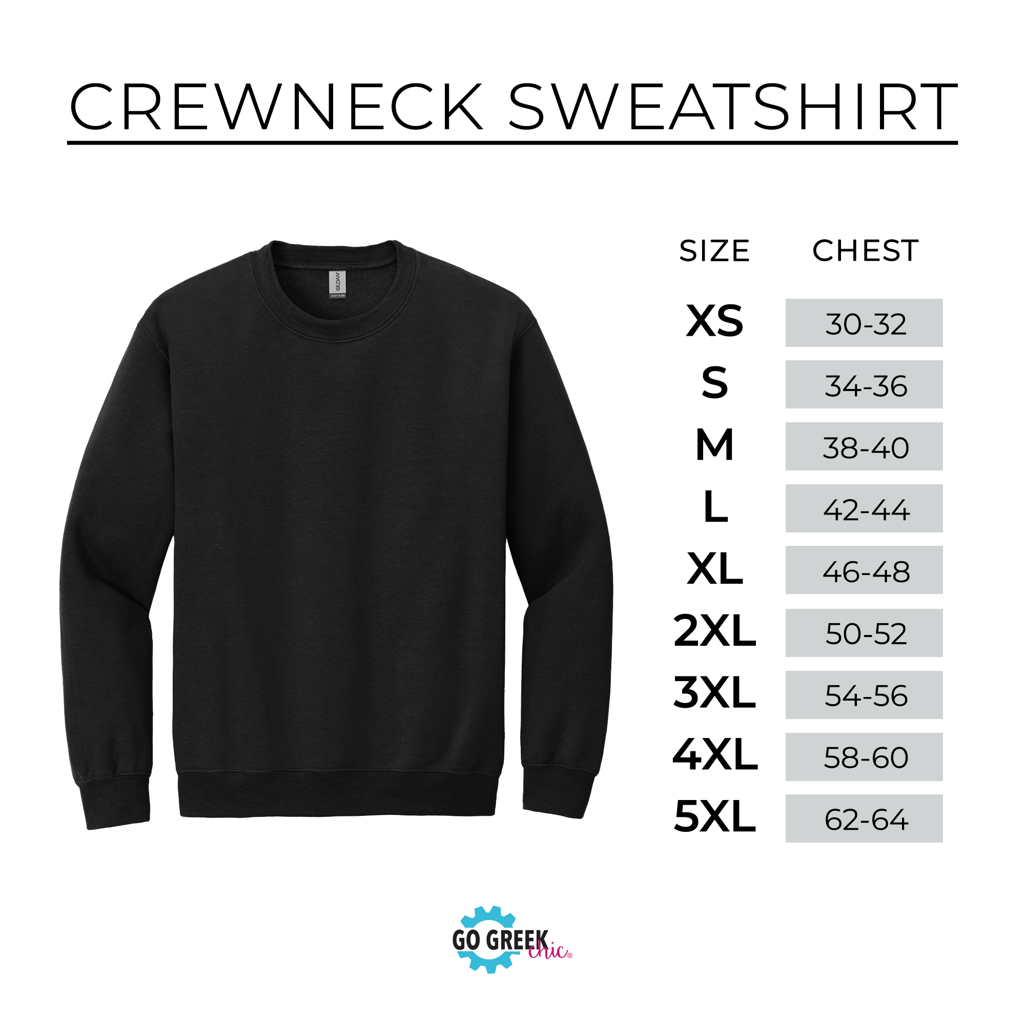 a crew neck sweatshirt in various sizes, ranging from 30-32 to 62-64, with corresponding chest measurements.