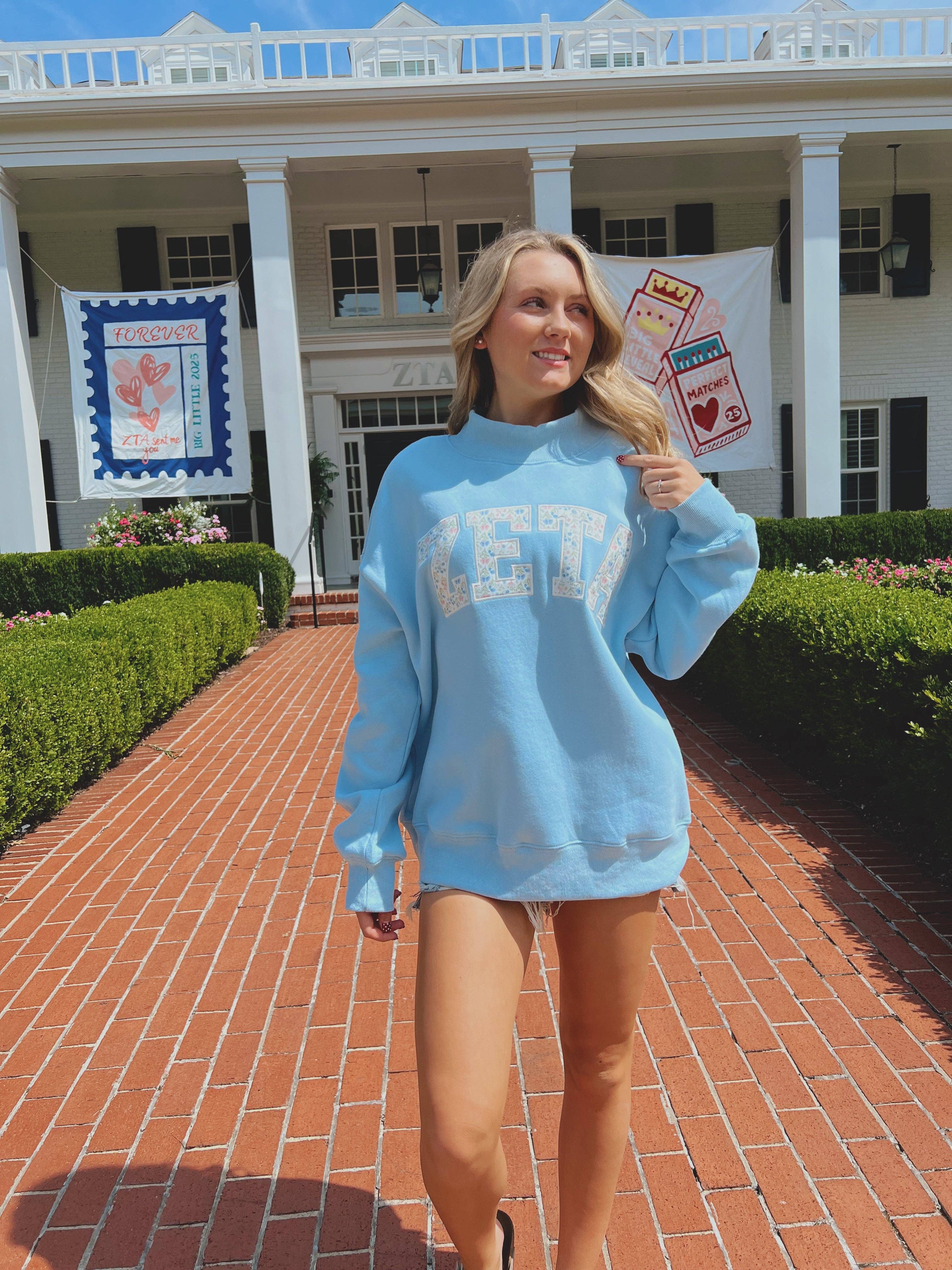 Delta Delta Delta Greek Floral Embroidered Mock-Neck Sweatshirt