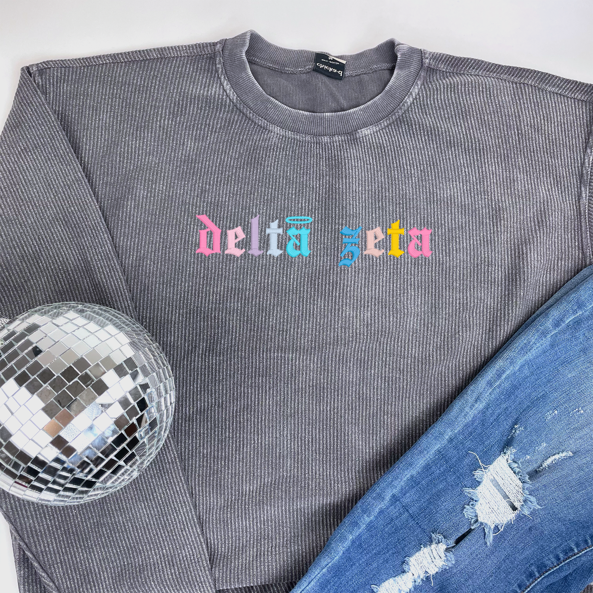 Delta Zeta Corded Crewneck Sweatshirt - Embroidered Old English Font