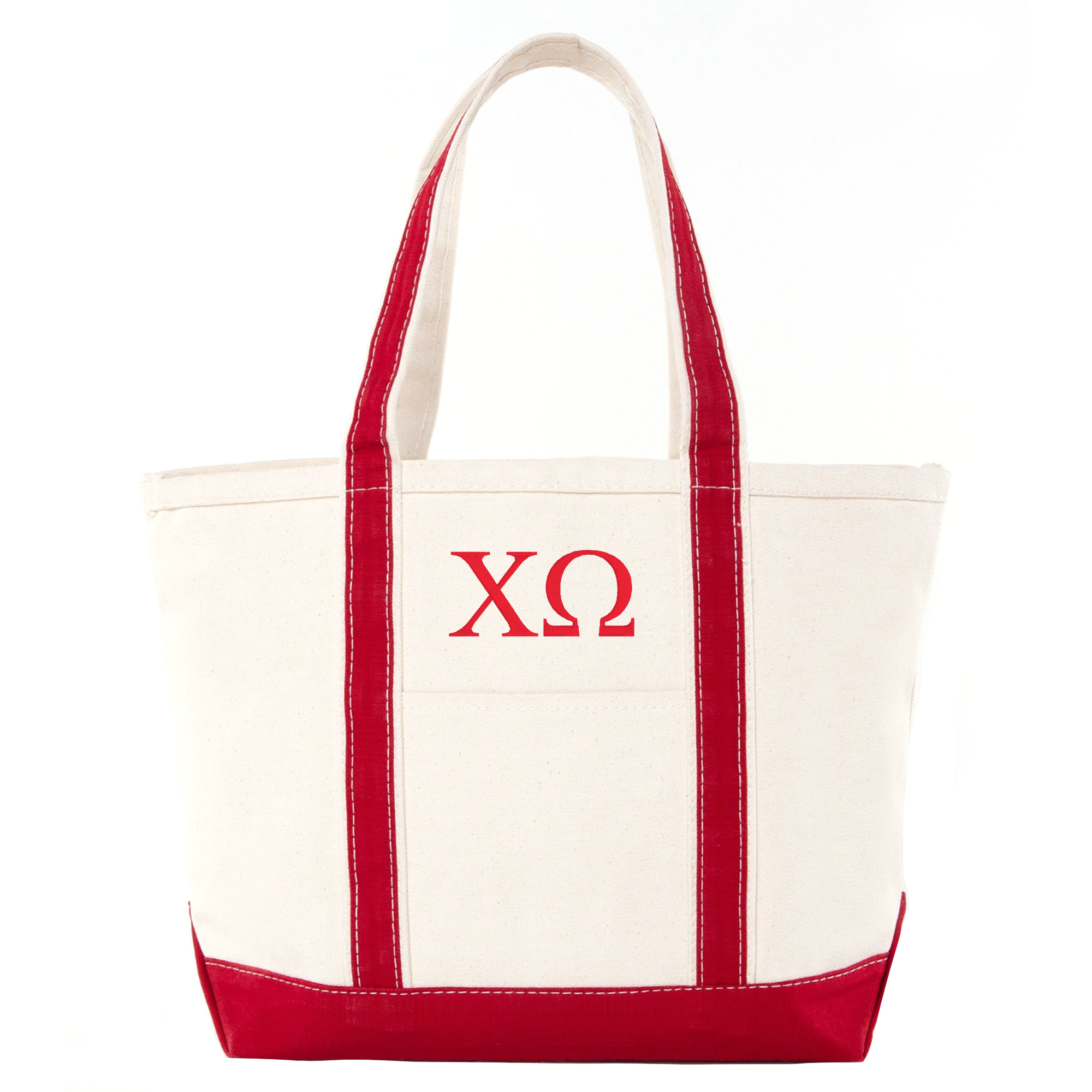 A white tote bag with red trim and the Greek lettering "Ω" printed on it.