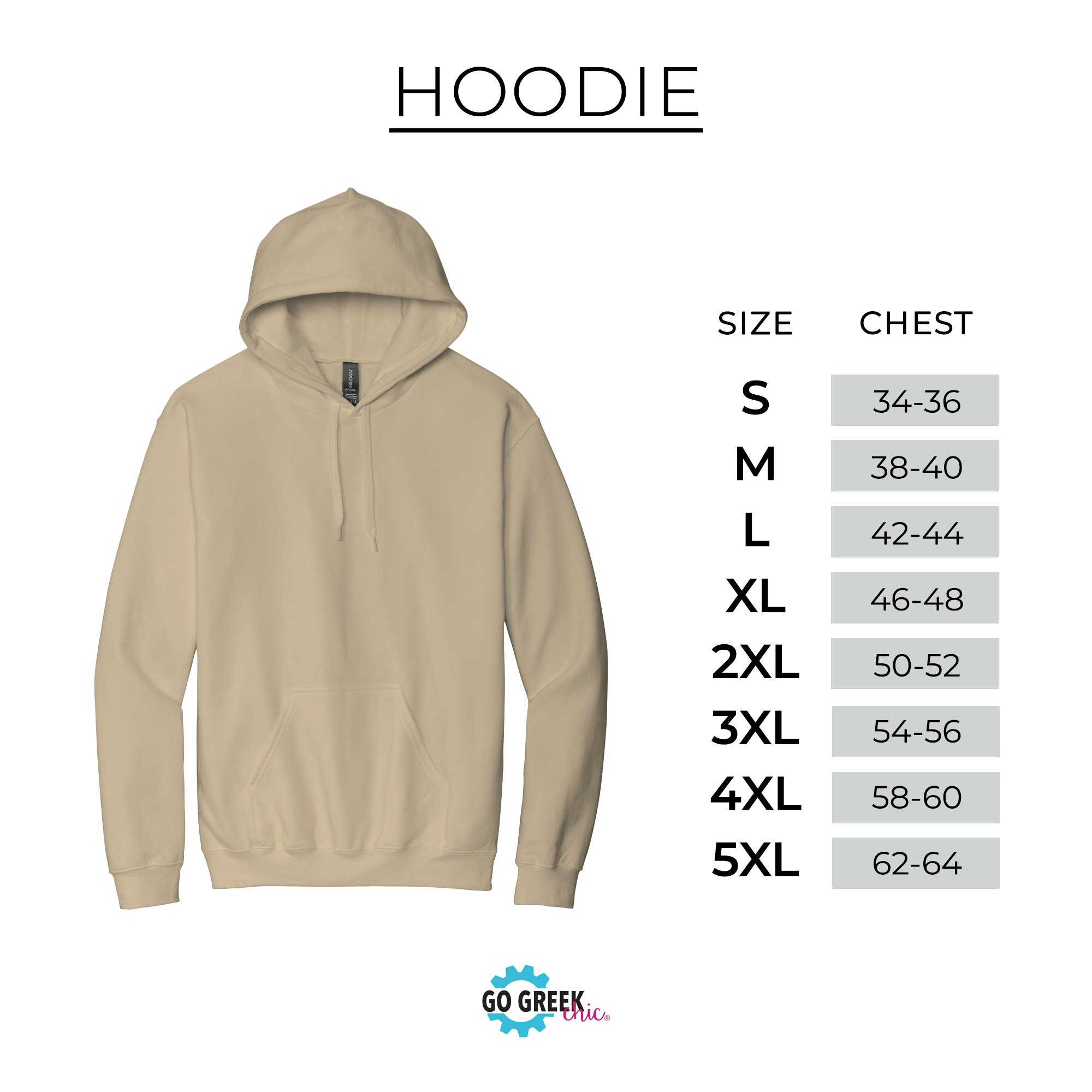 a beige hoodie with size and chest measurements listed below it.